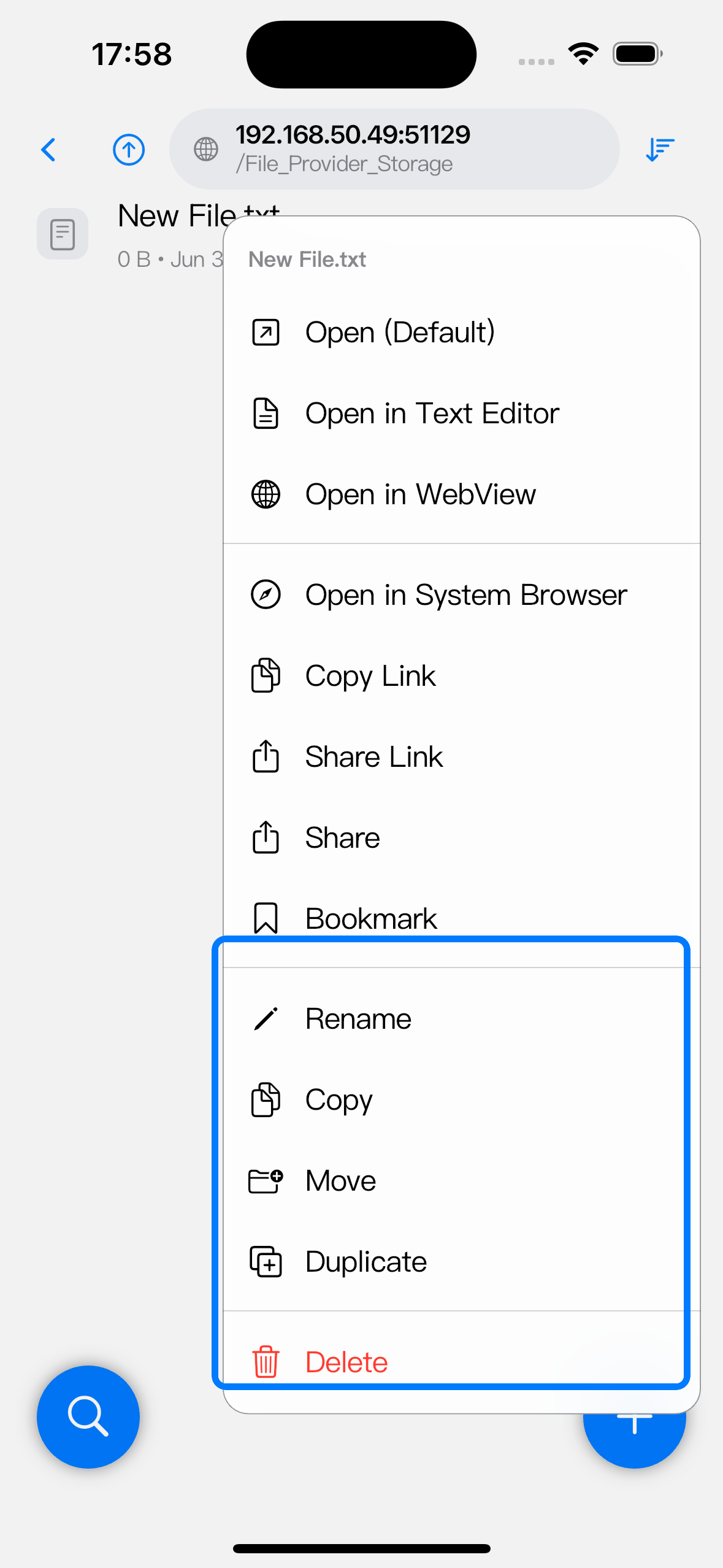 Long-press a file to show the selected item's operation section, including rename, copy, move, duplicate, and delete.