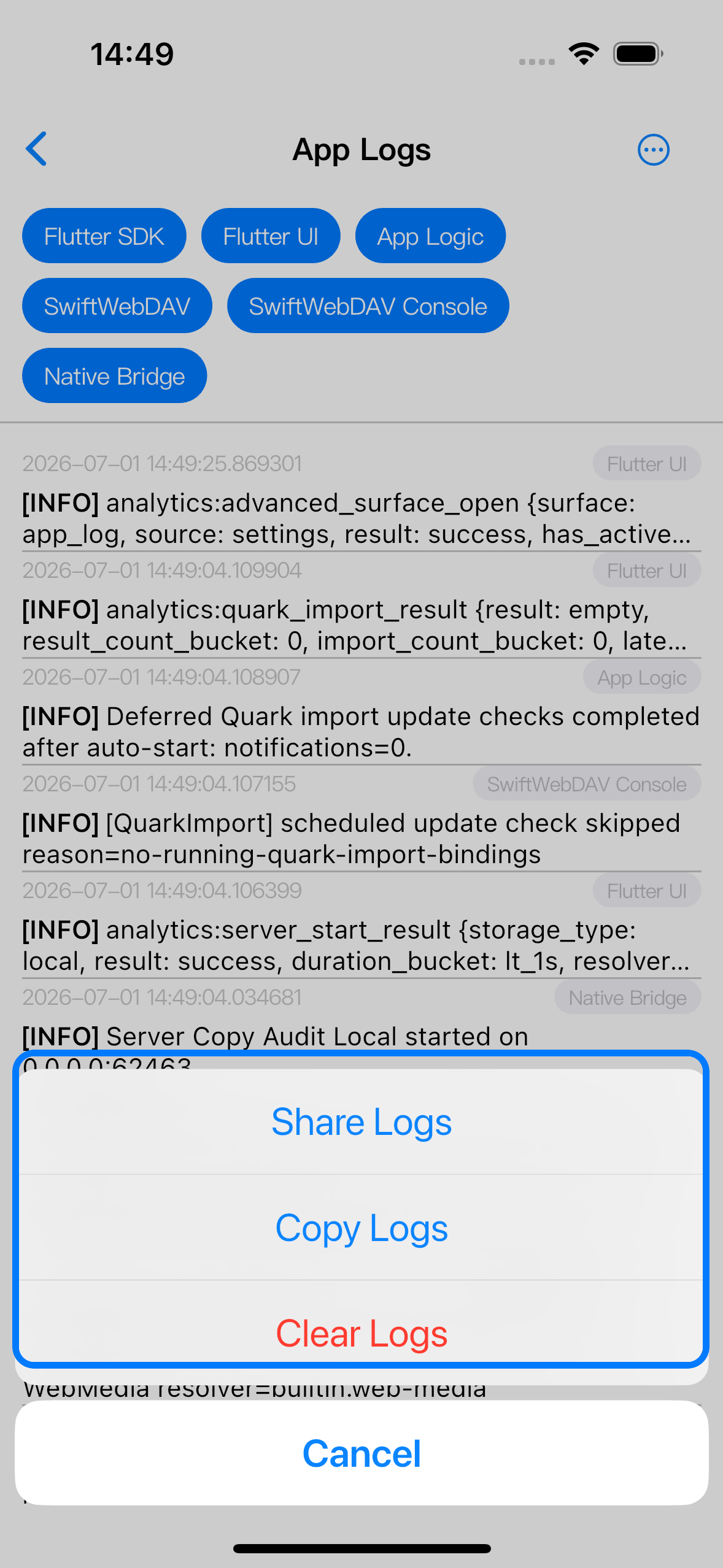 App Logs action sheet with Share Logs, Copy Logs, and Clear Logs.