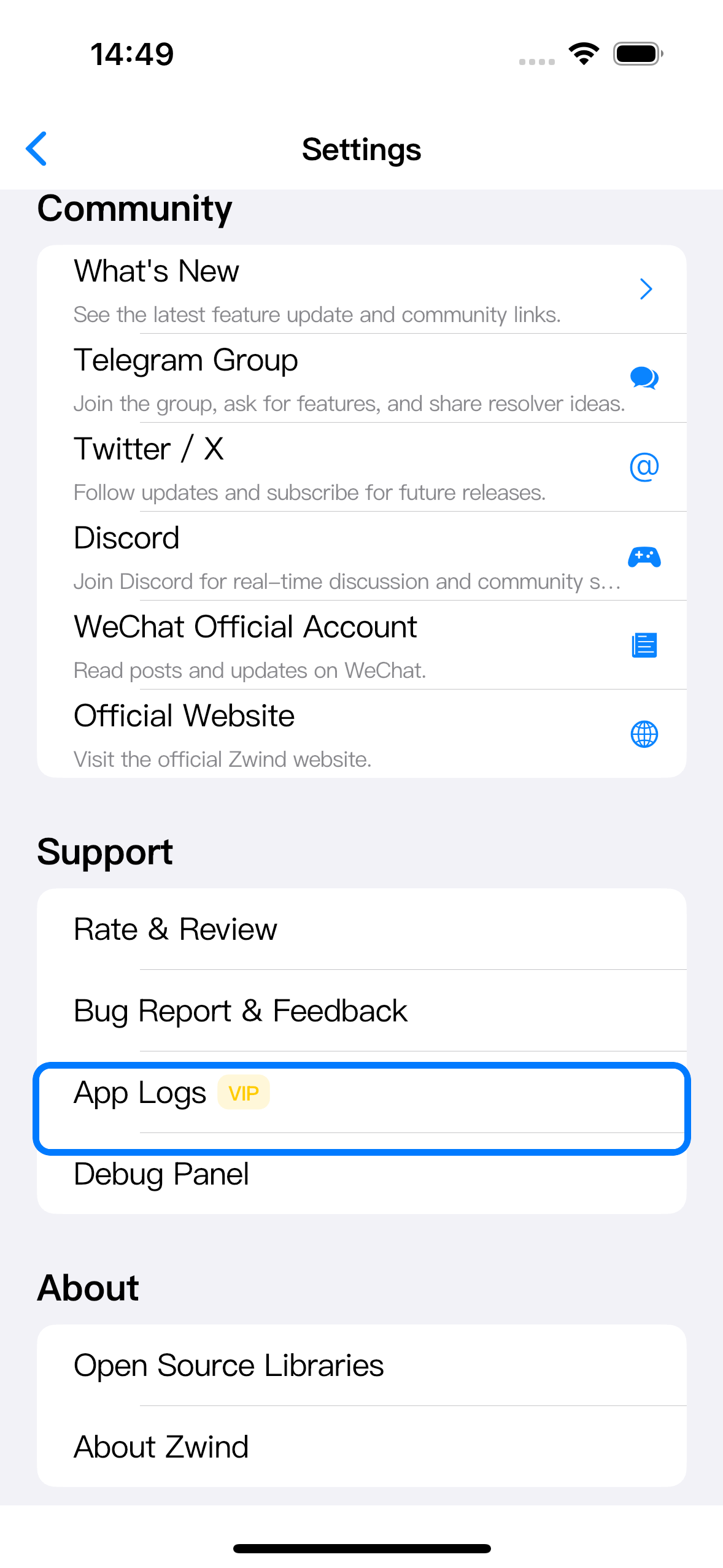 Settings Support section with the App Logs VIP row highlighted.