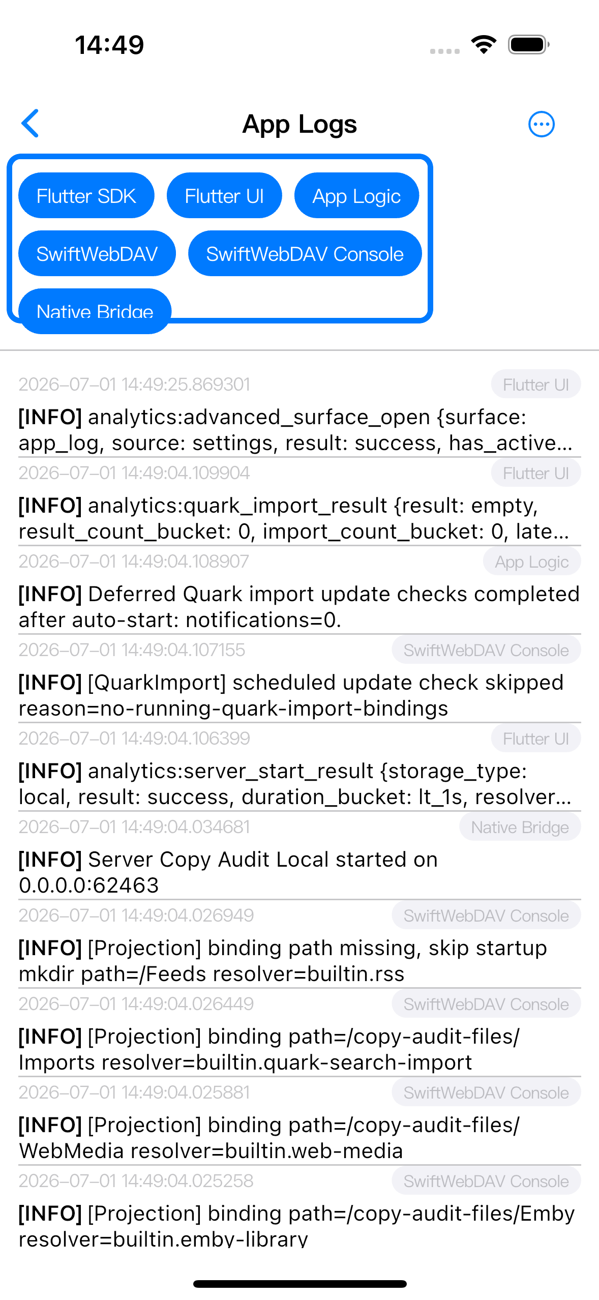 App Logs screen showing source filters and recent diagnostic entries.