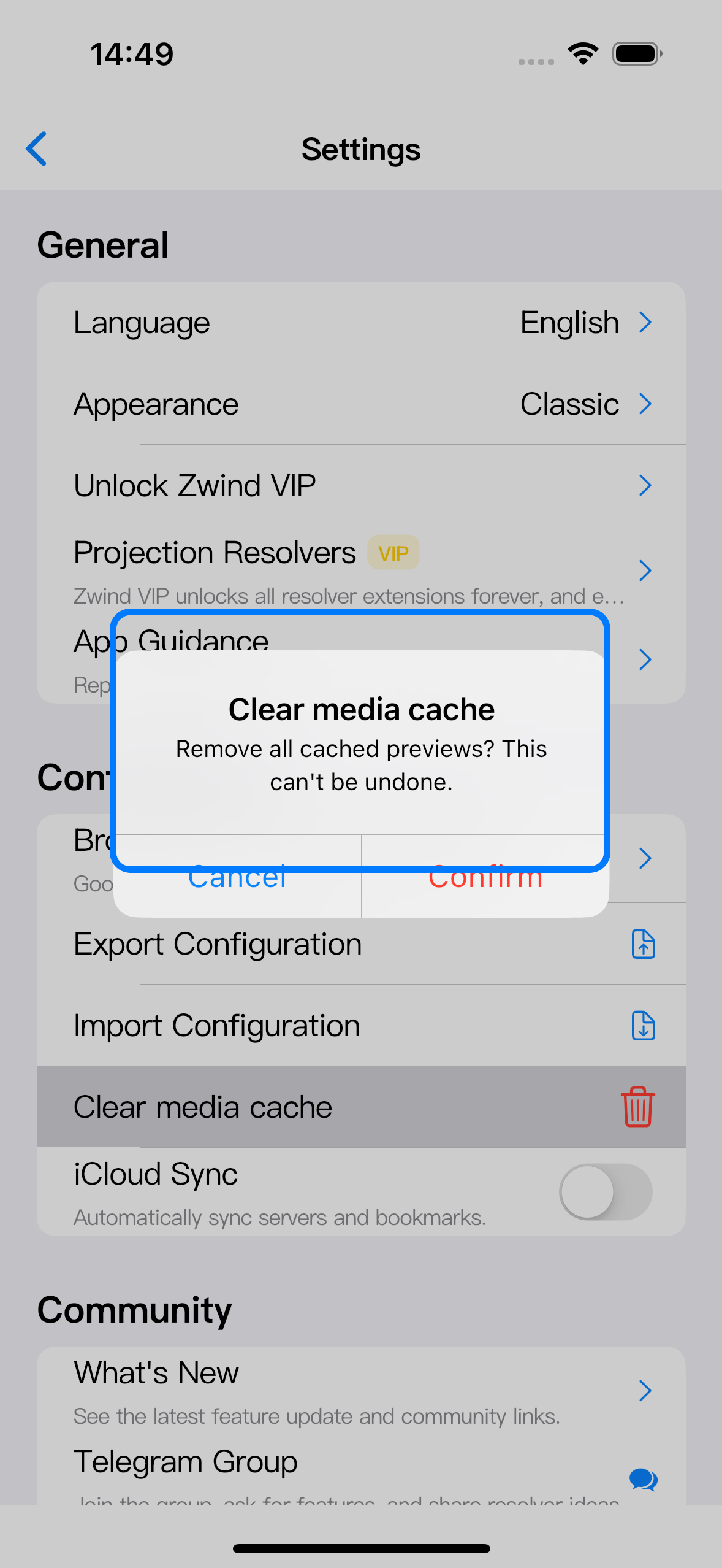 Clear media cache confirmation dialog asking whether to remove all cached previews.