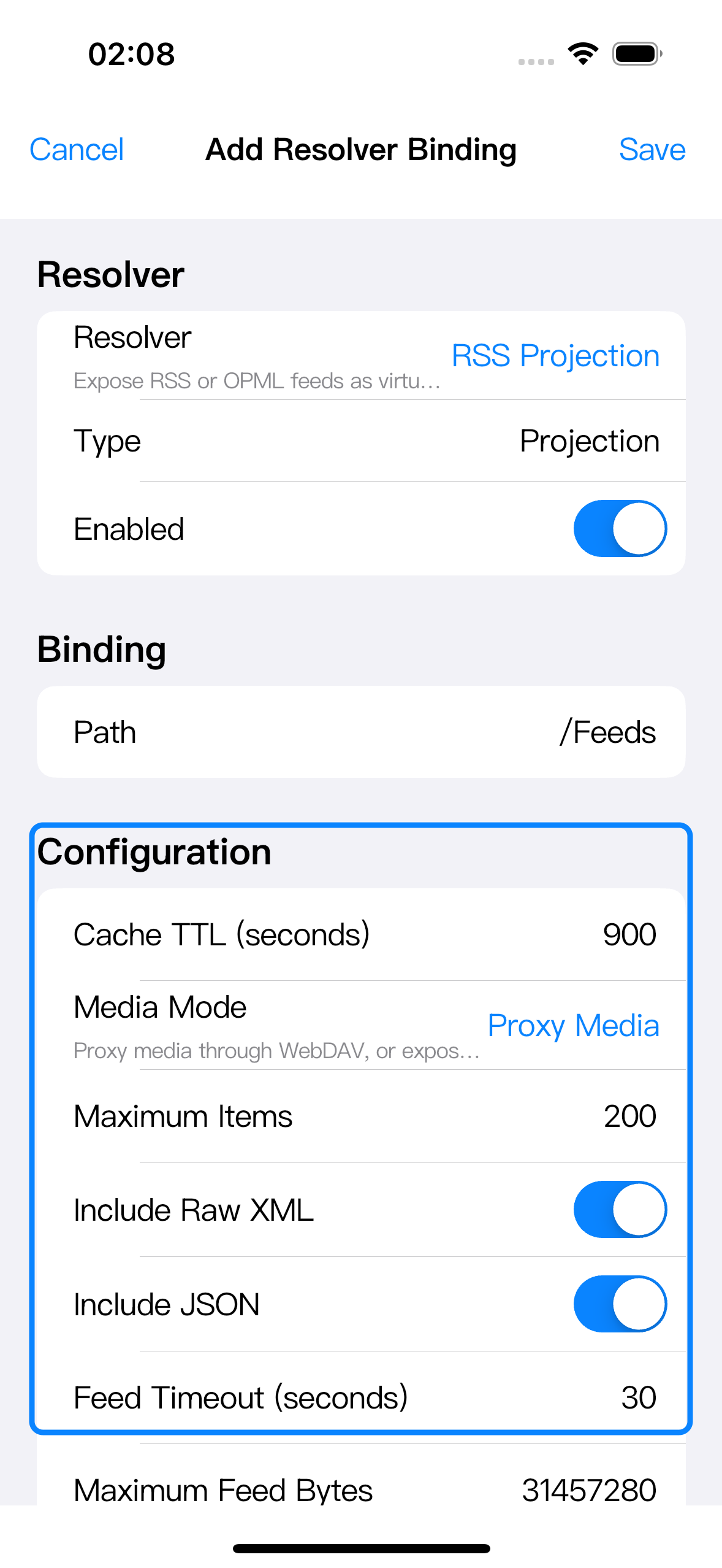 Binding editor Configuration section with resolver-specific fields highlighted.