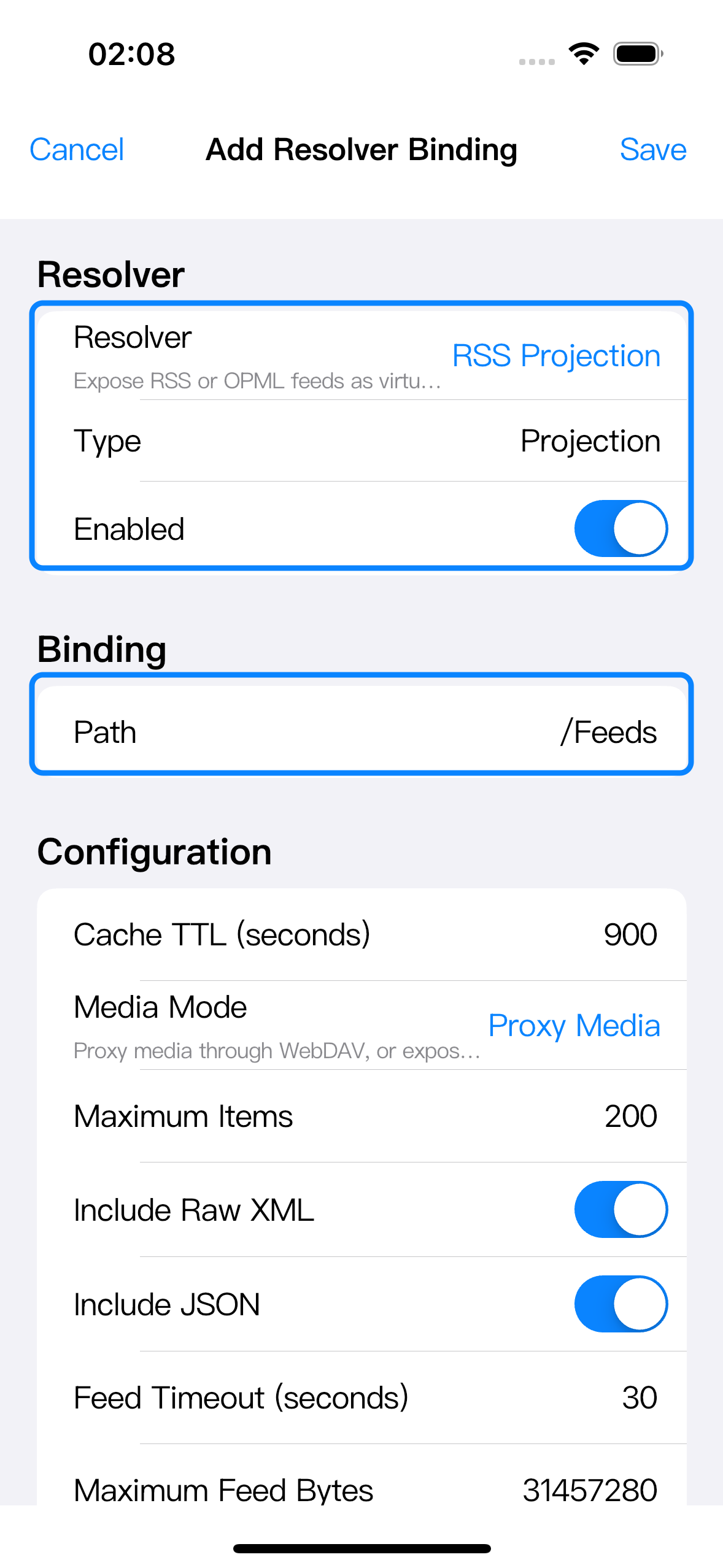 Binding editor showing Resolver, Enabled, and Path.