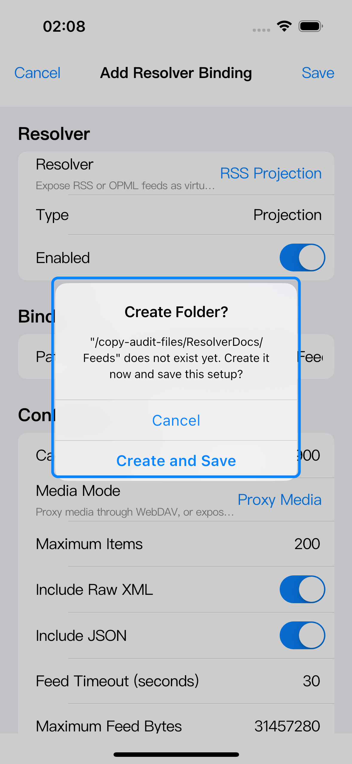 Create Folder confirmation shown when a missing binding path can be created.
