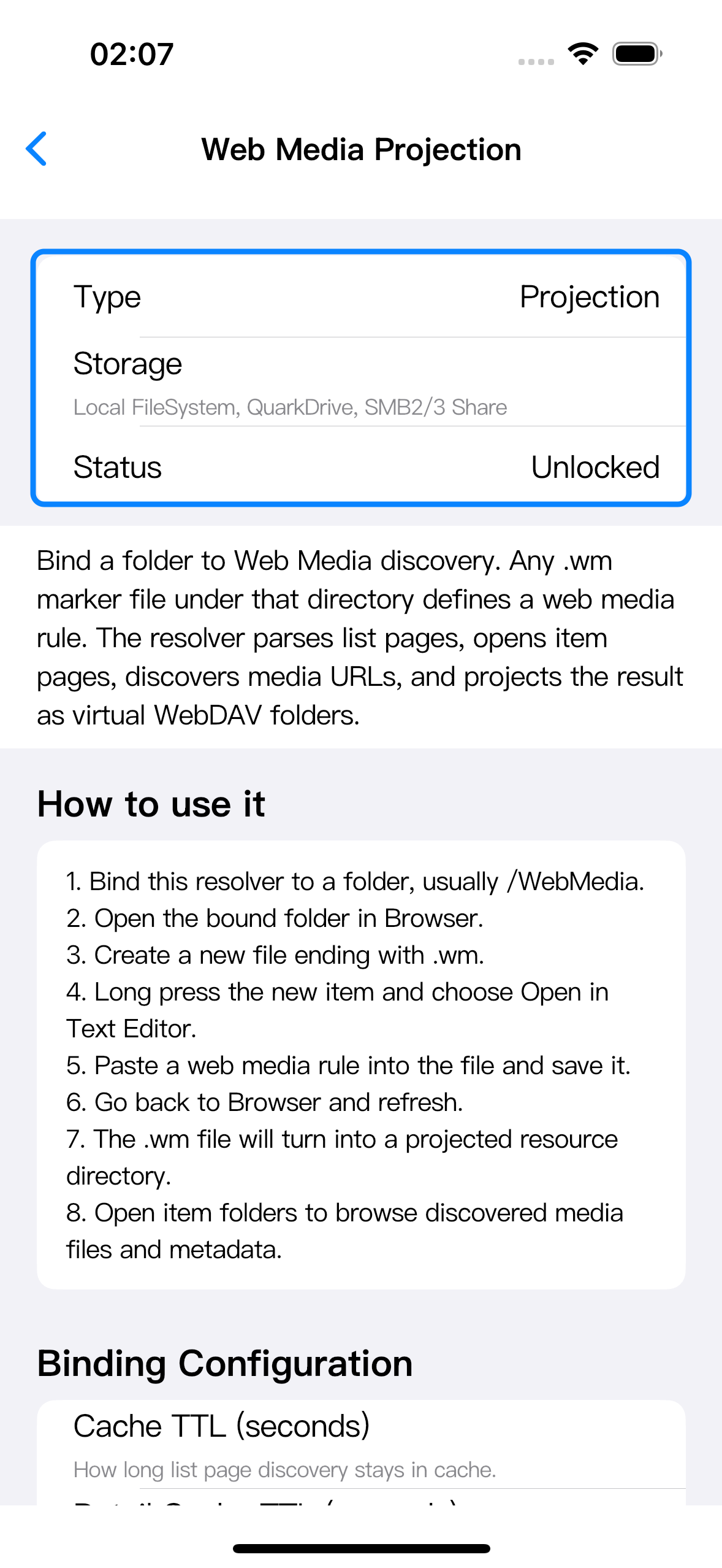 Resolver detail showing supported storage types and unlocked status.
