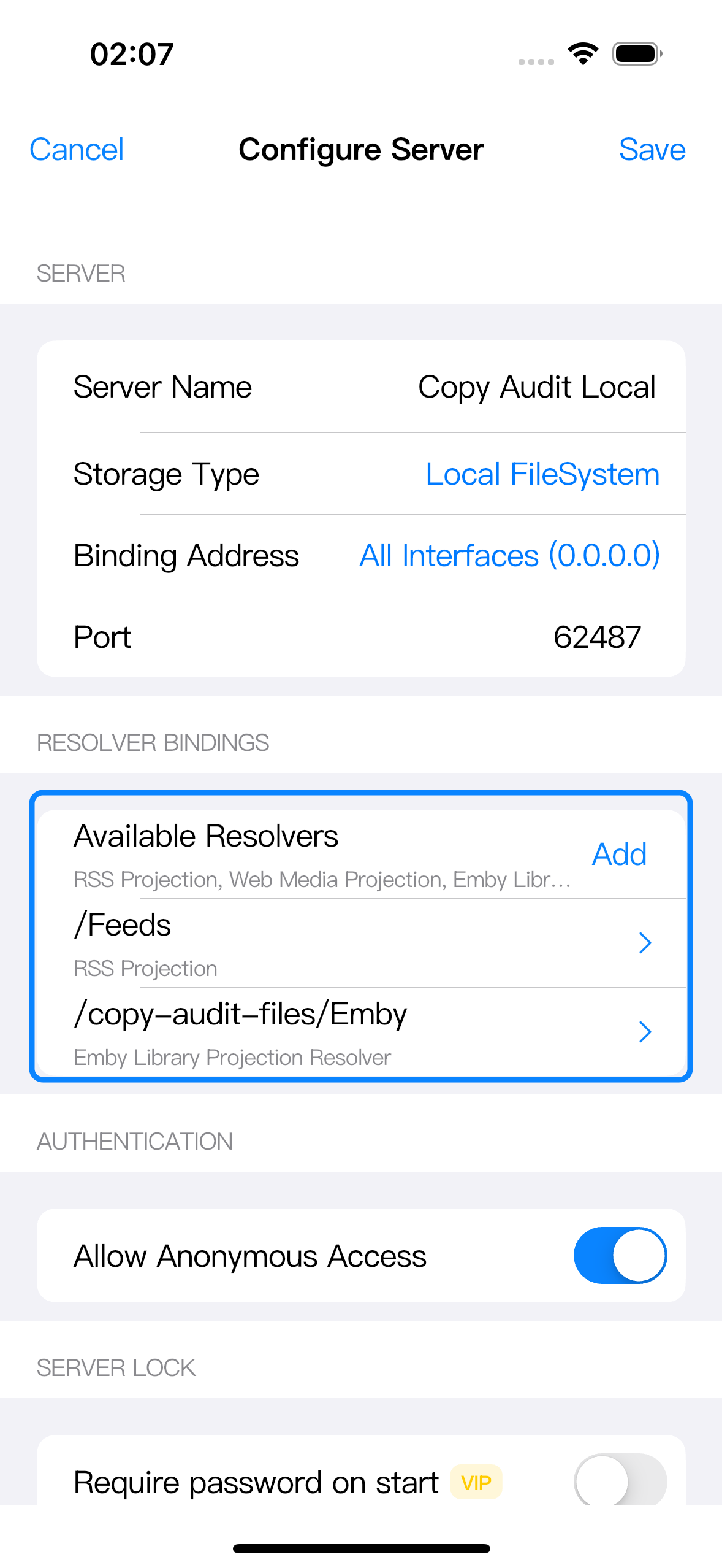 Configure Server with Available Resolvers, Add, and existing bindings highlighted.