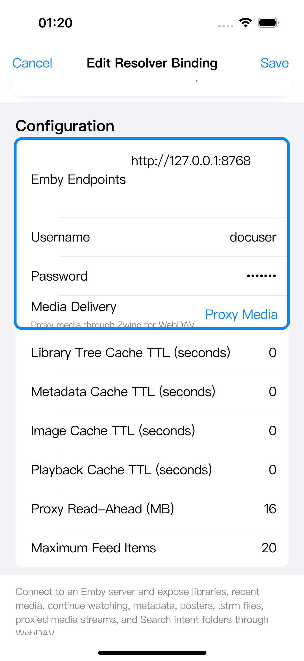 Edit Resolver Binding showing Emby Endpoints, Username, Password, and Media Delivery.