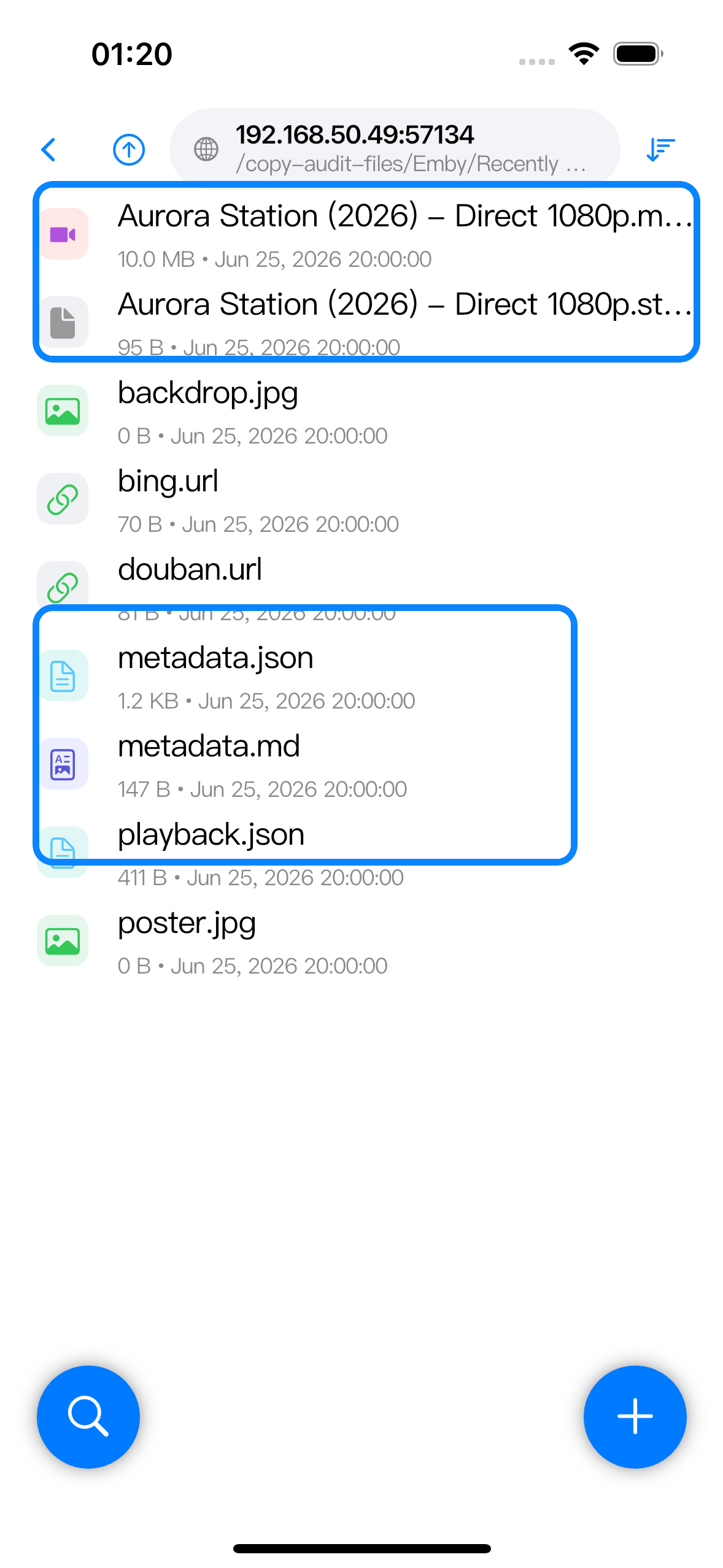 Browser showing an Emby media item folder with the playable media entry, .strm file, metadata files, and playback.json.
