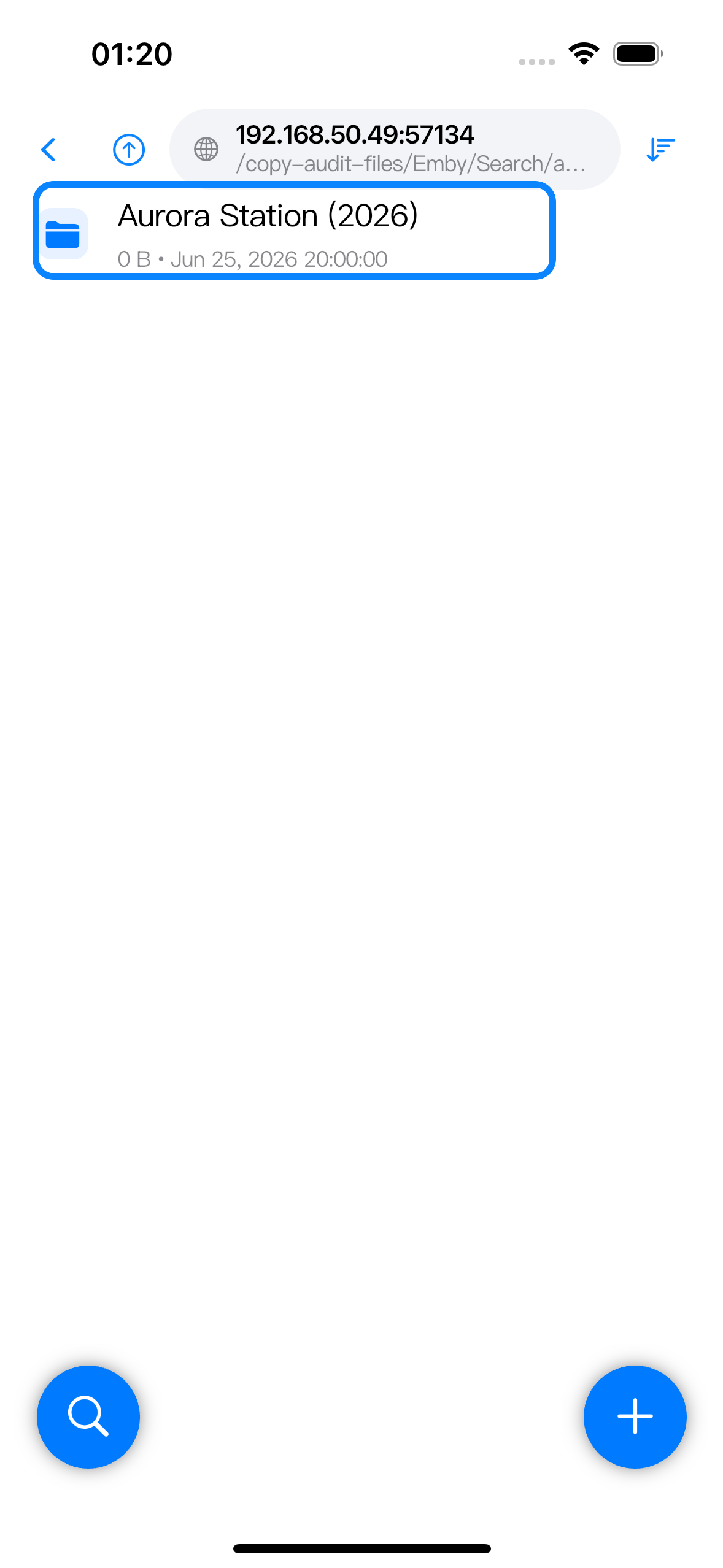 Browser showing Search/aurora with an Emby search result folder.
