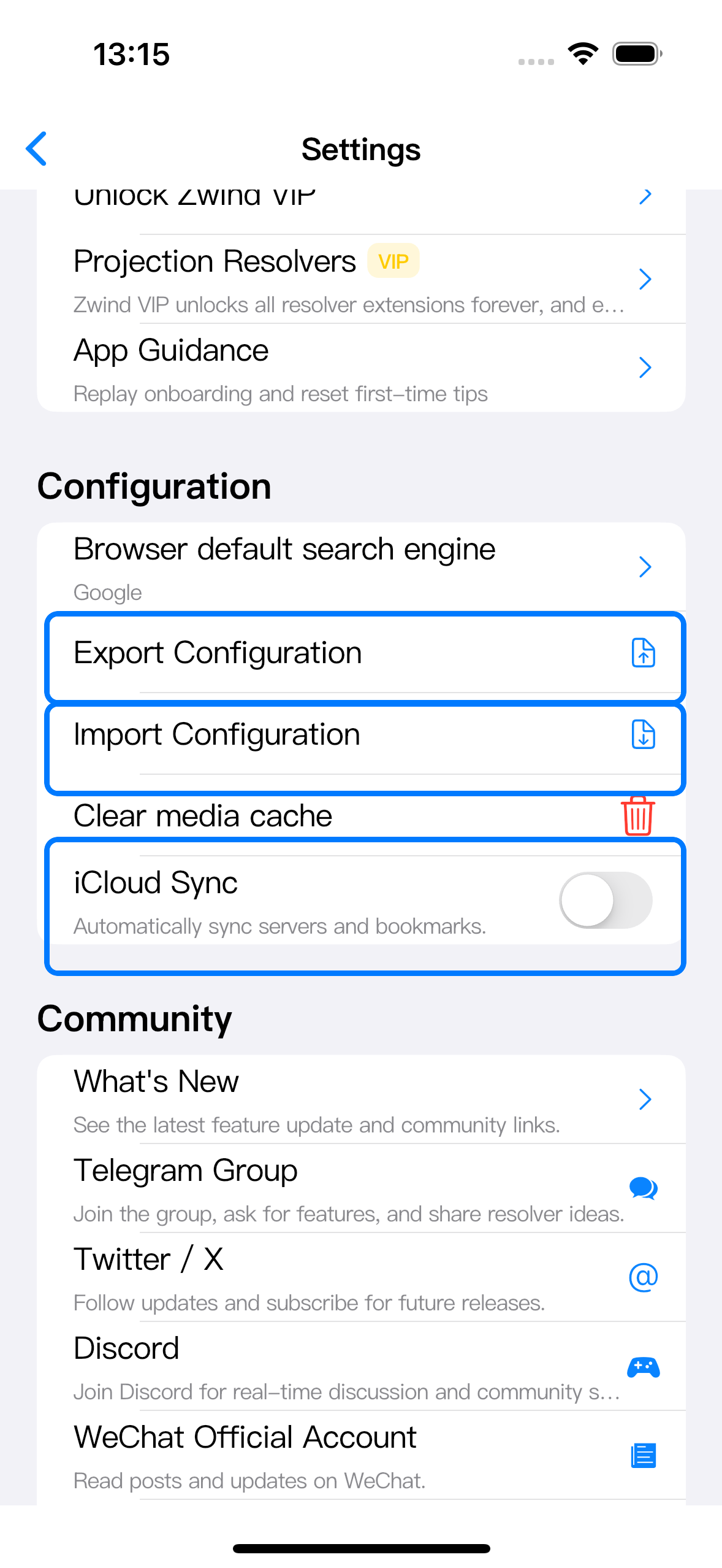 Settings Configuration section with Export Configuration, Import Configuration, and iCloud Sync highlighted.