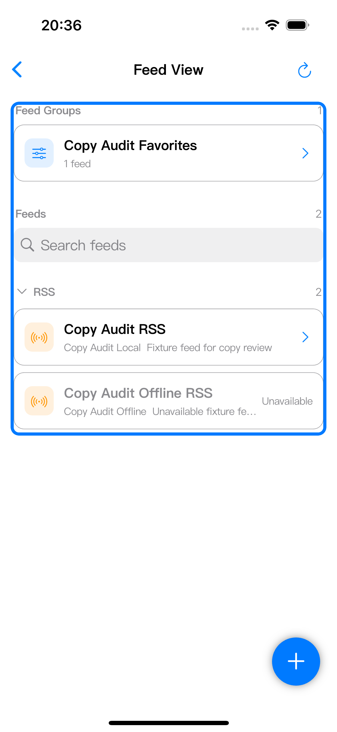 Feed View highlights the feed groups, search field, available feed, and unavailable feed state.