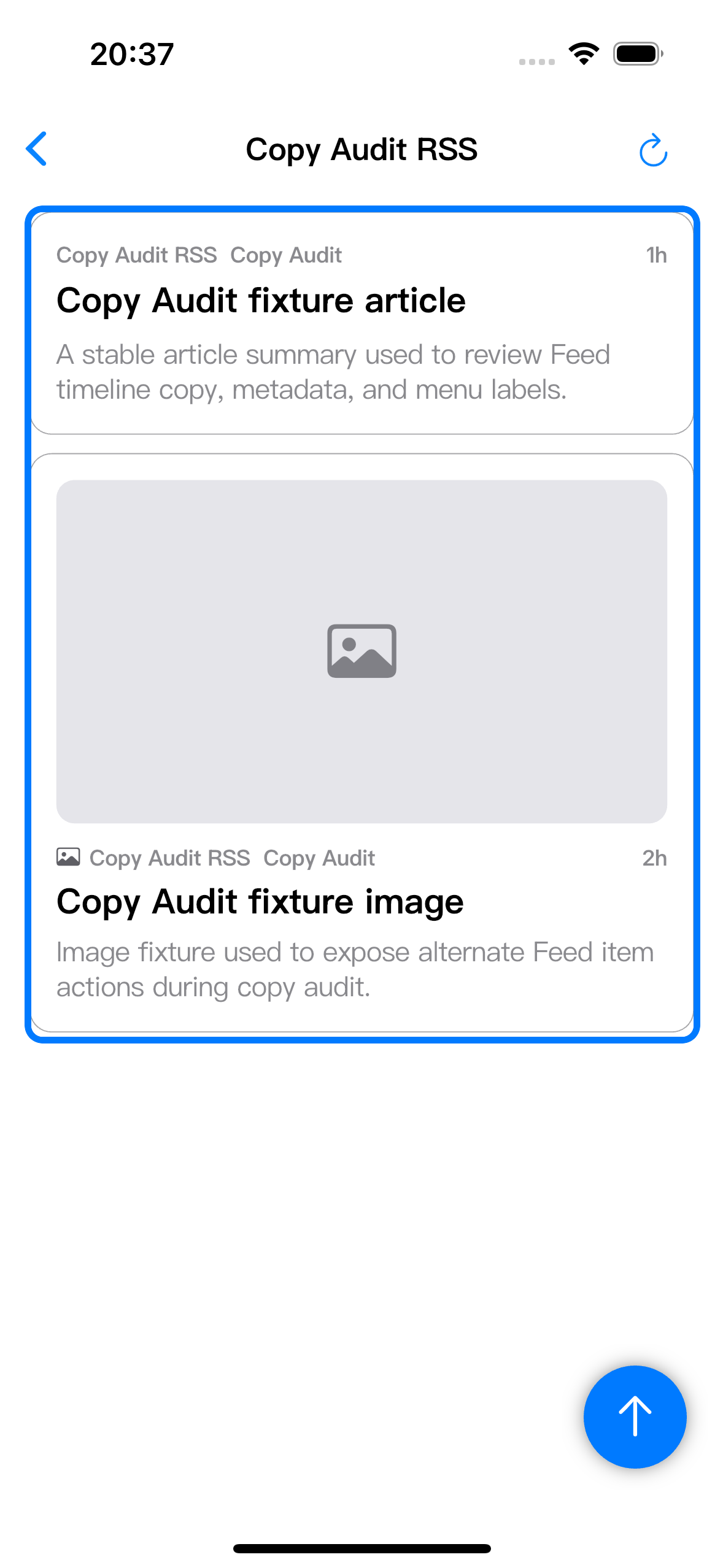 The feed timeline highlights article and image entries from one feed.