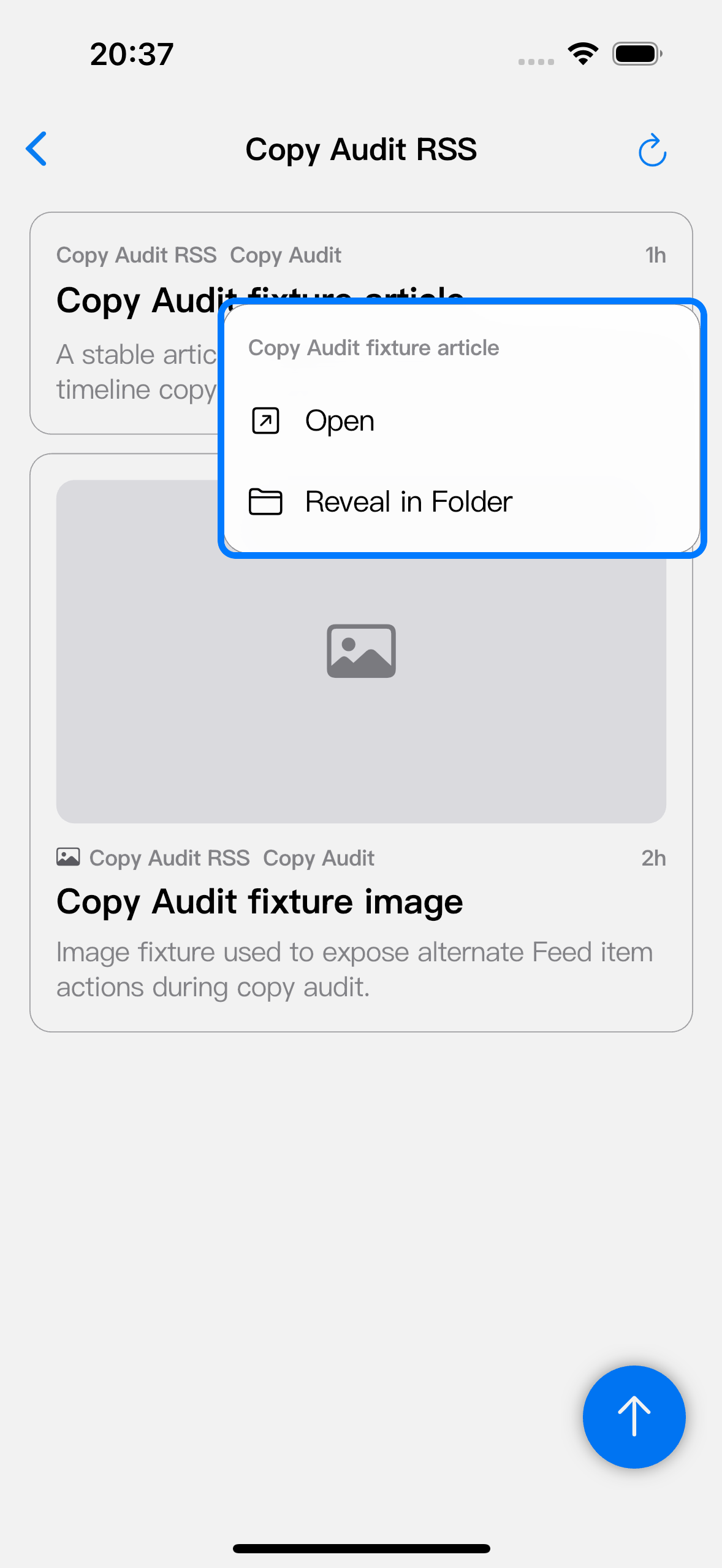 The item action menu highlights Open and Reveal in Folder.