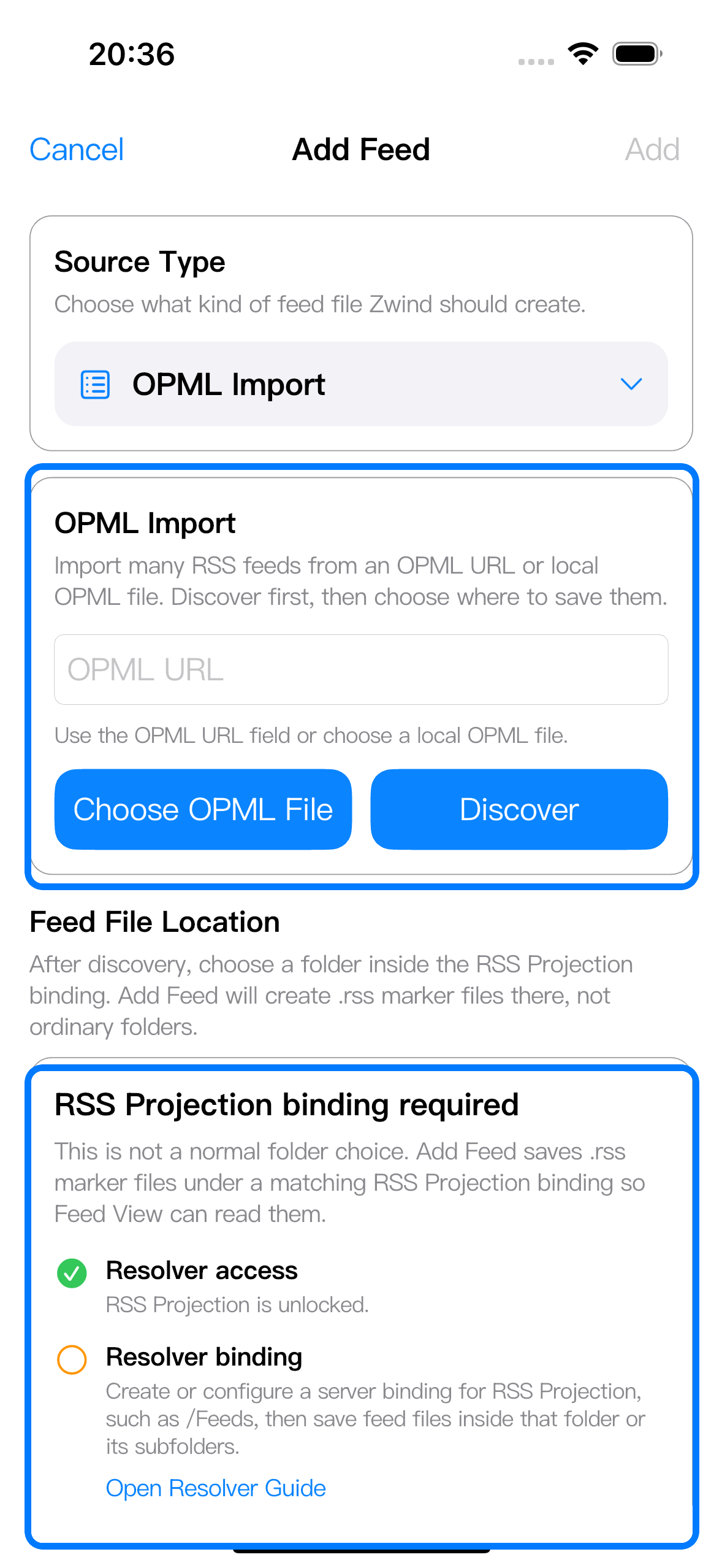 The OPML Import form highlights the OPML input, Discover button, and resolver binding checklist.