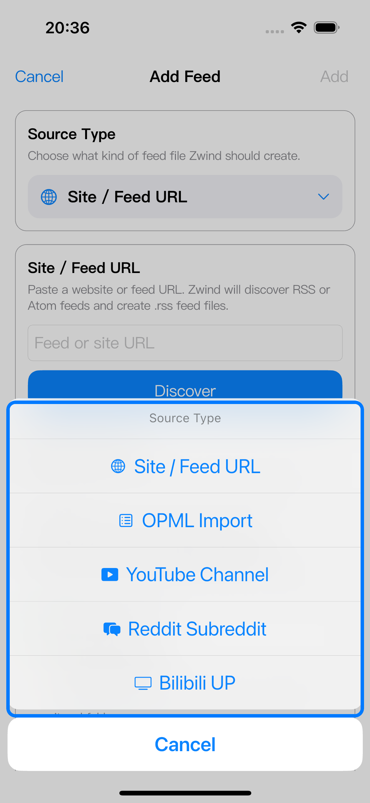 The Source Type menu lists Site / Feed URL, OPML Import, YouTube Channel, Reddit Subreddit, and Bilibili UP.
