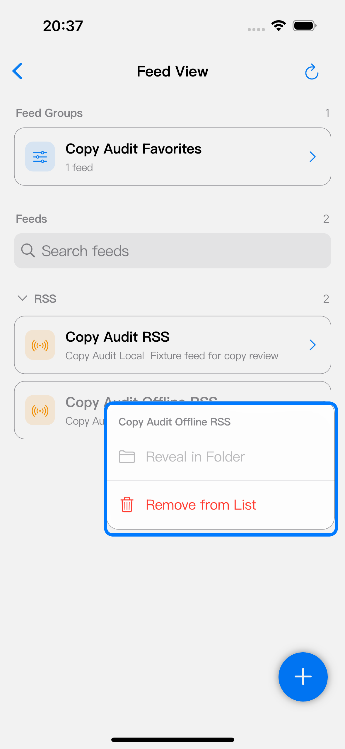 The unavailable feed menu highlights Remove from List.