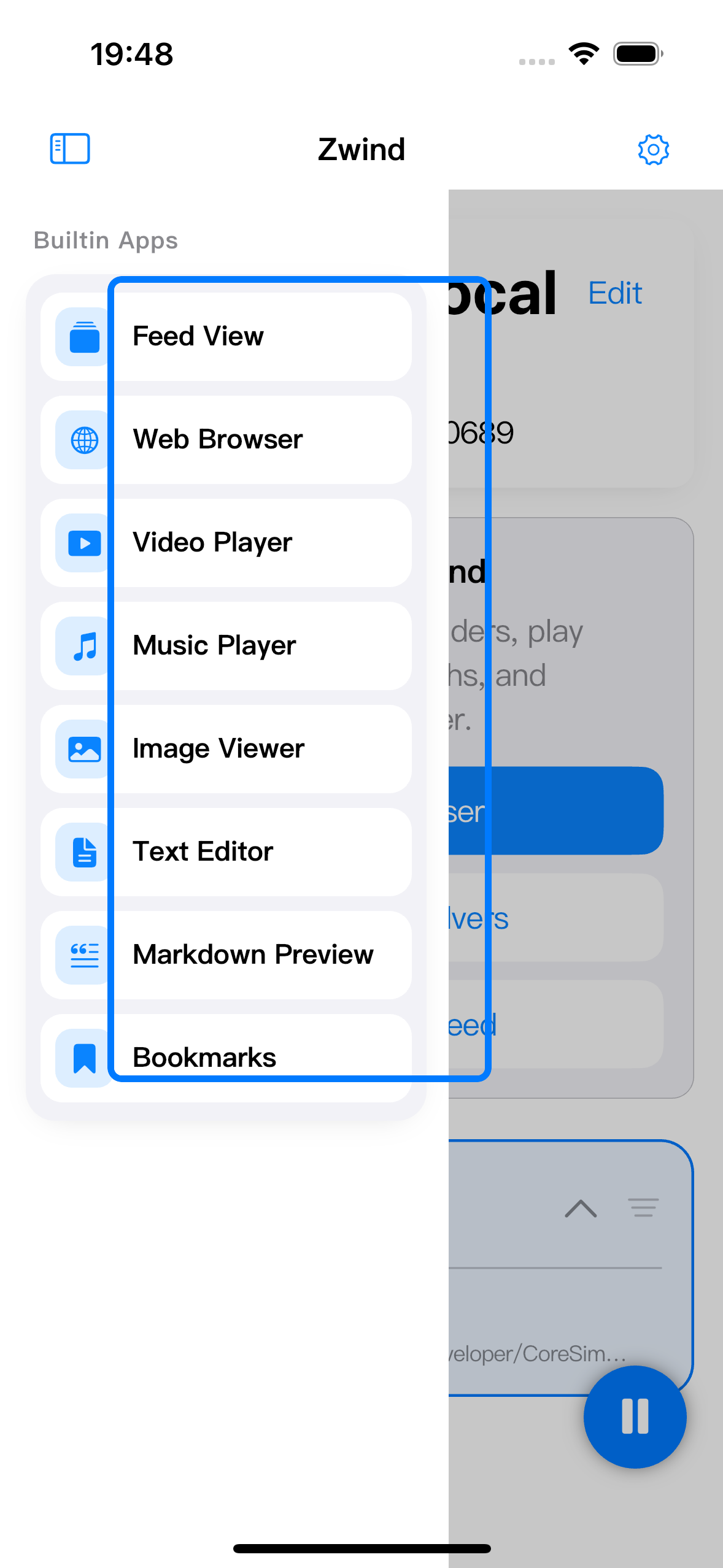 The Home sidebar lists Feed View, Web Browser, Video Player, Music Player, Image Viewer, Text Editor, Markdown Preview, and Bookmarks.