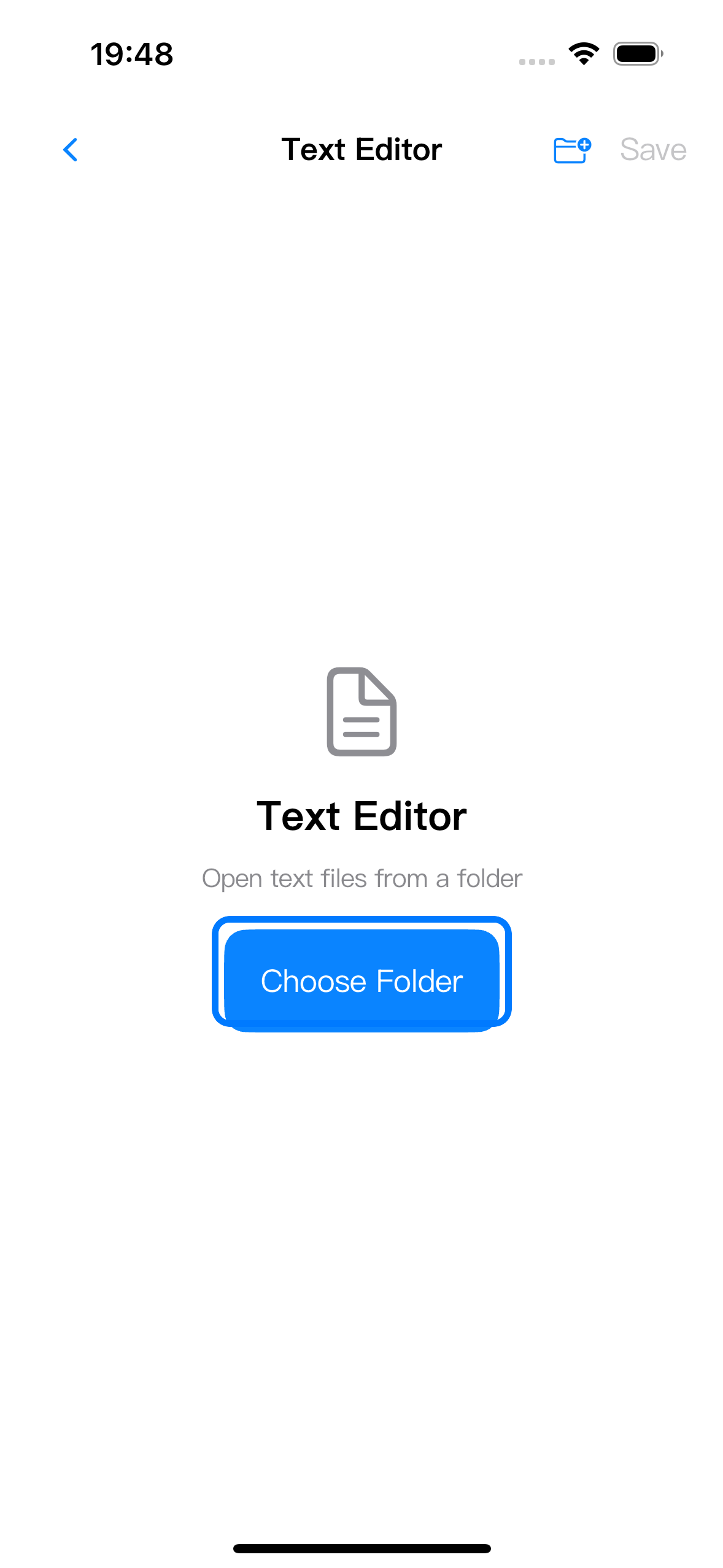 Text Editor opened from the Home sidebar starts empty and highlights the Choose Folder entry.