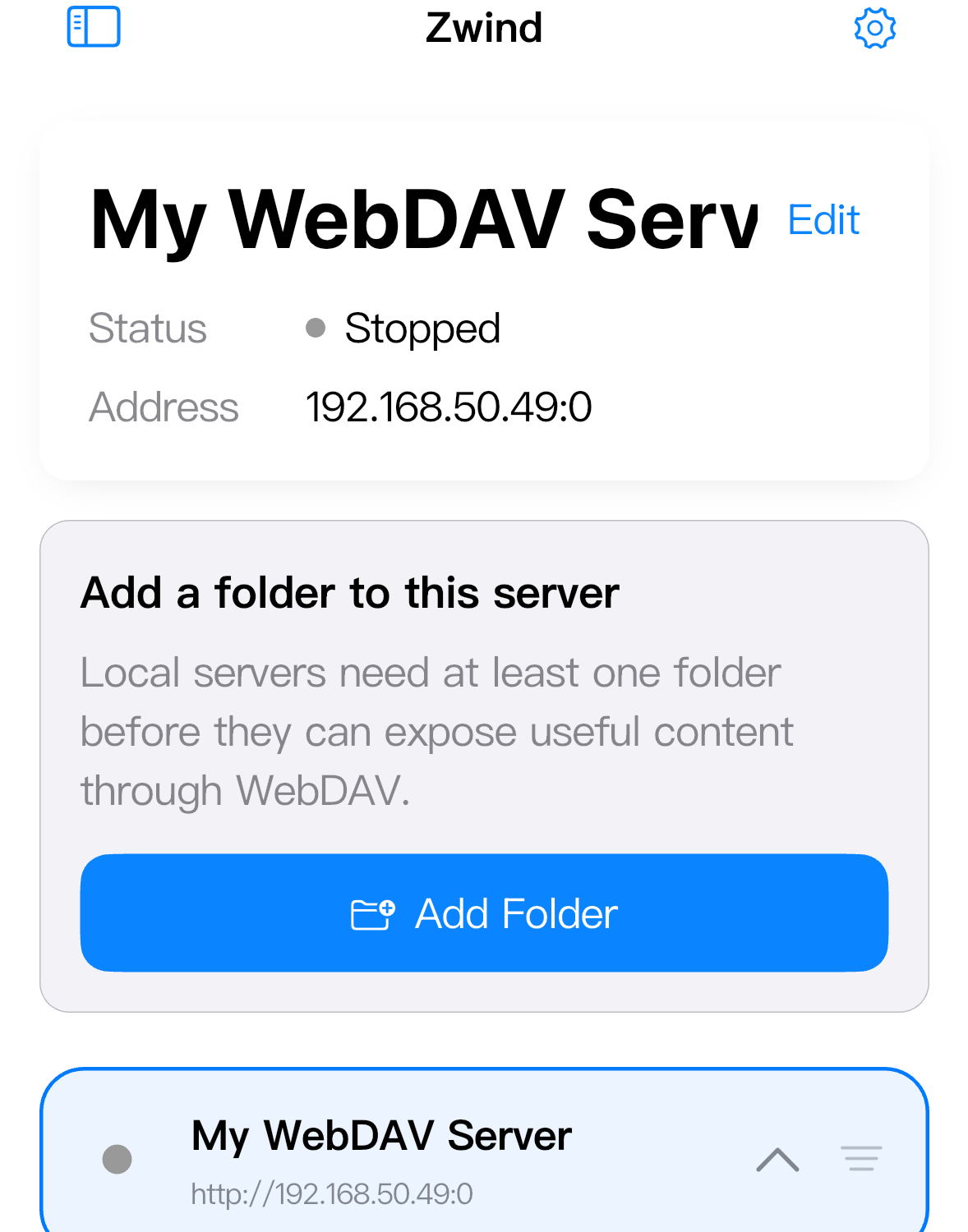 Use Add Folder on the selected local server card.