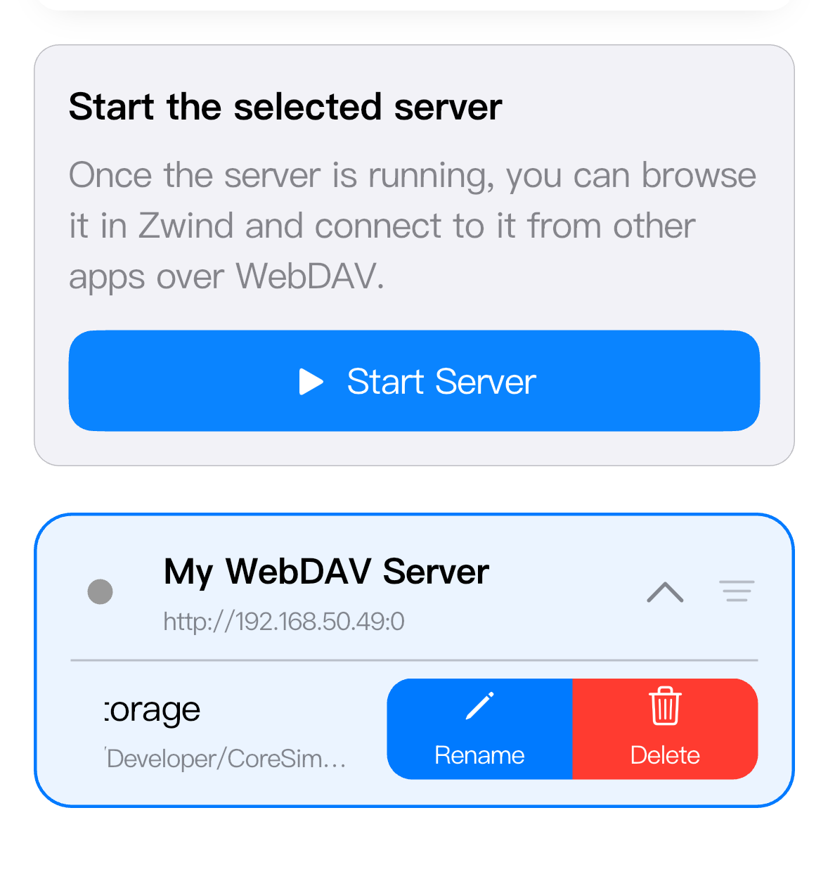 Swipe a data folder row to show Rename and Delete.