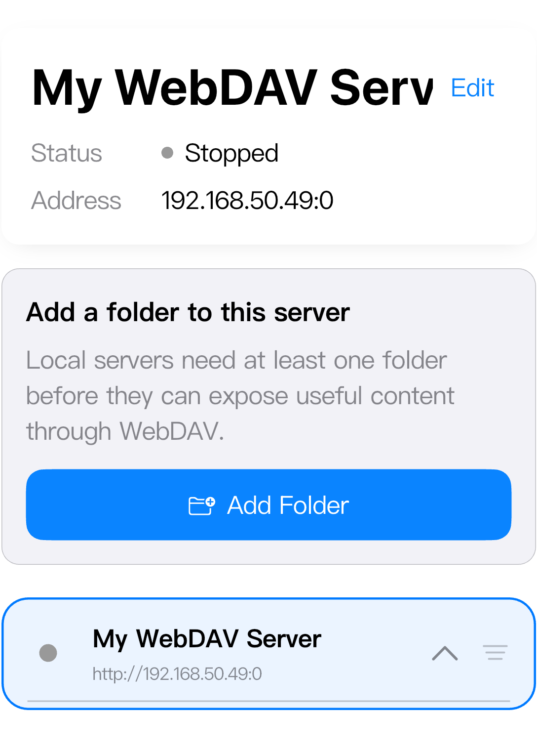 Tap Edit on the selected server card to change its configuration.