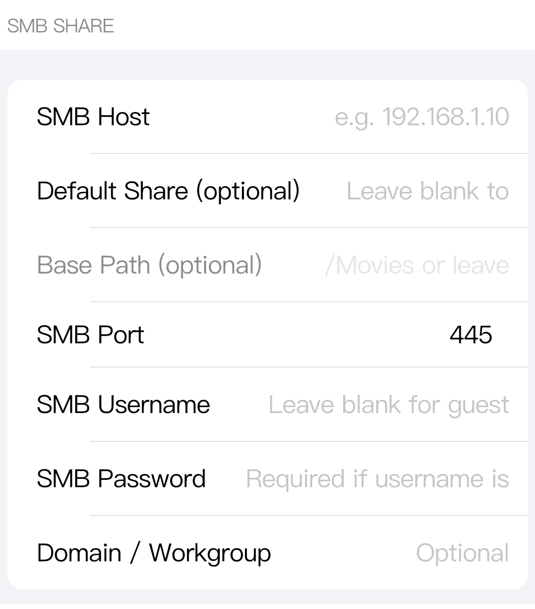 SMB2/3 Share fields define the source SMB server and optional credentials.