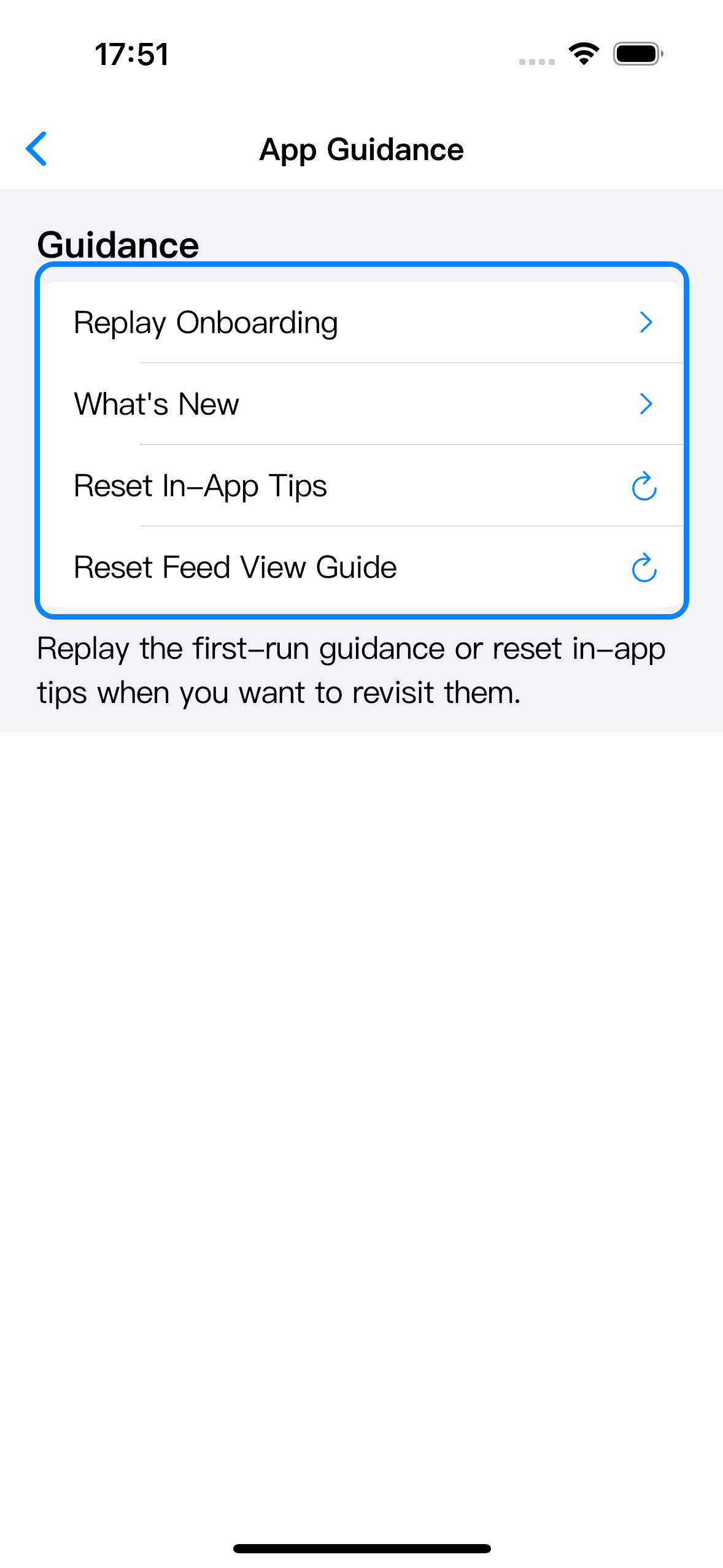 App Guidance 页面中框选 Replay Onboarding、What's New、Reset In-App Tips 和 Reset Feed View Guide。