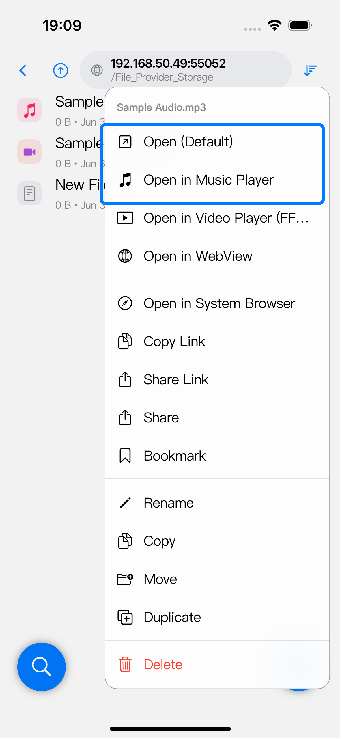 The highlighted section shows Open Default and Open in Music Player for an audio file.