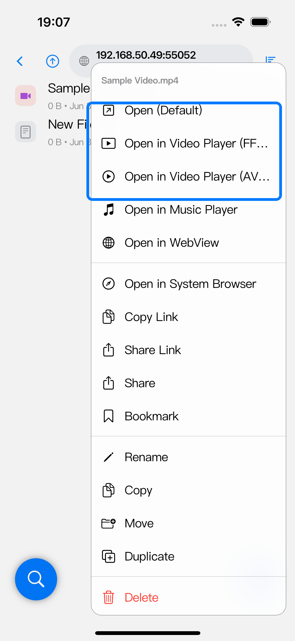 The highlighted section shows Open Default and the two Video Player choices for a video file.