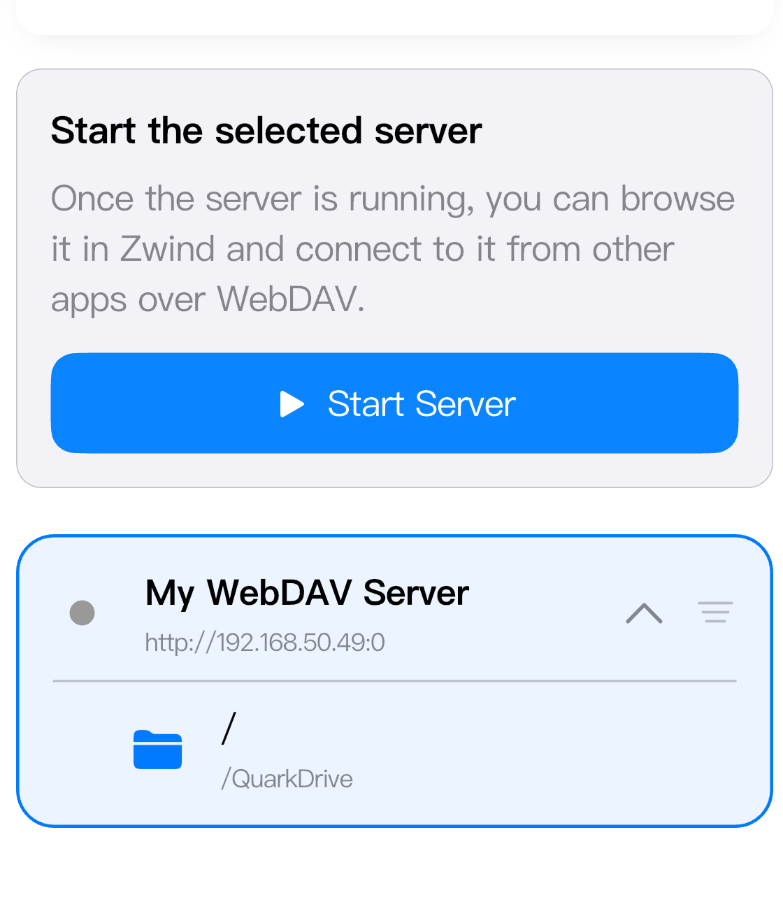 The saved QuarkDrive server shows the QuarkDrive root folder.