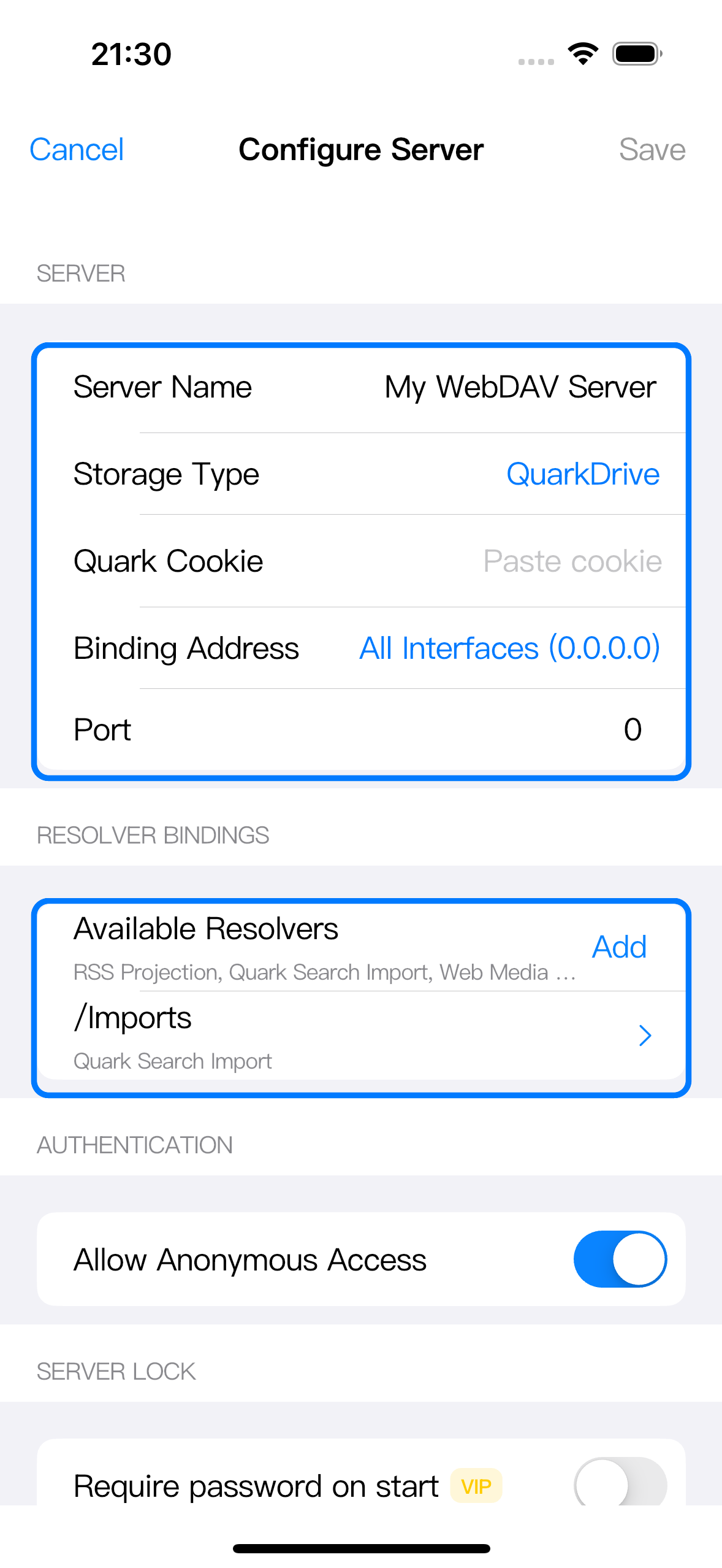 QuarkDrive server 设置中，Resolver Bindings 下已经出现 /Imports 的 Quark Search Import 绑定。