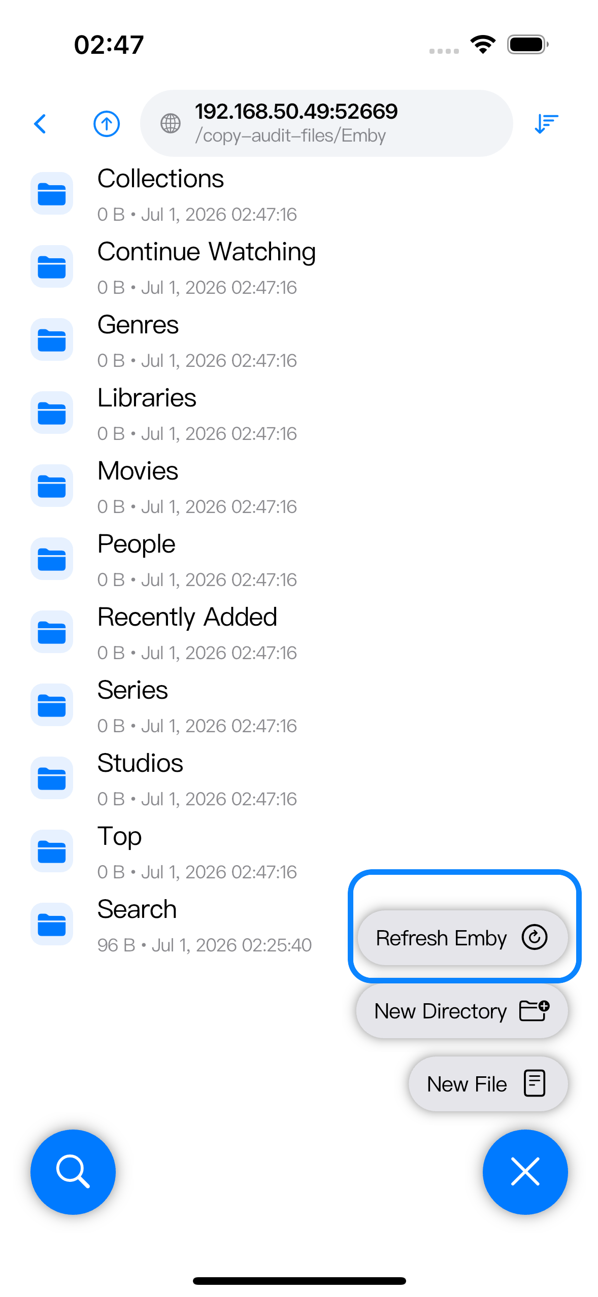 Browser action menu at the Emby root with Refresh Emby highlighted.