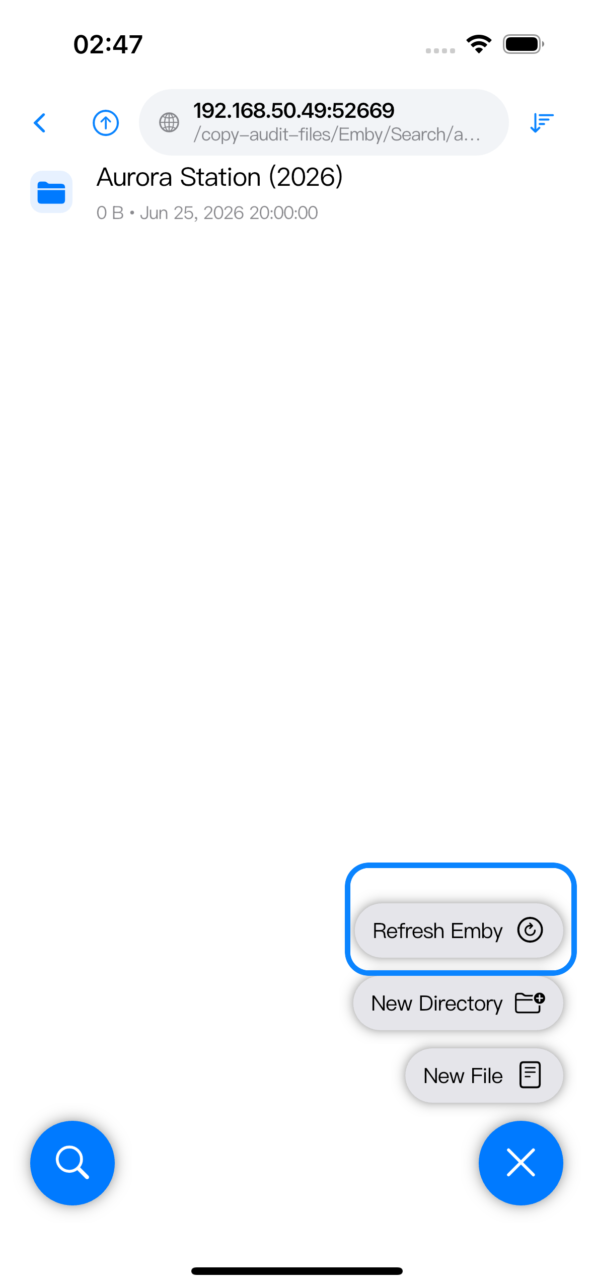 Browser action menu in an Emby Search result path with Refresh Emby highlighted.