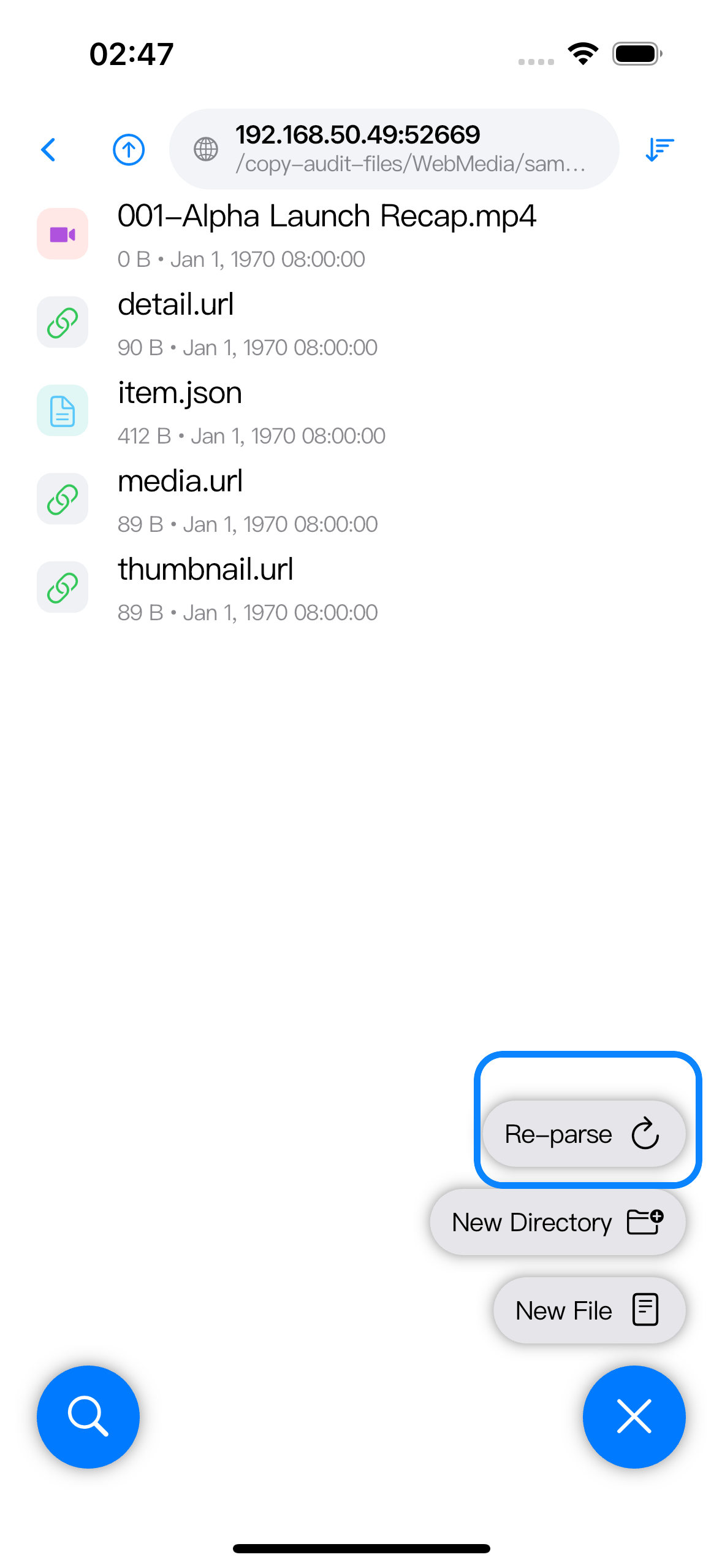 Browser action menu in a Web Media item folder with Re-parse highlighted.