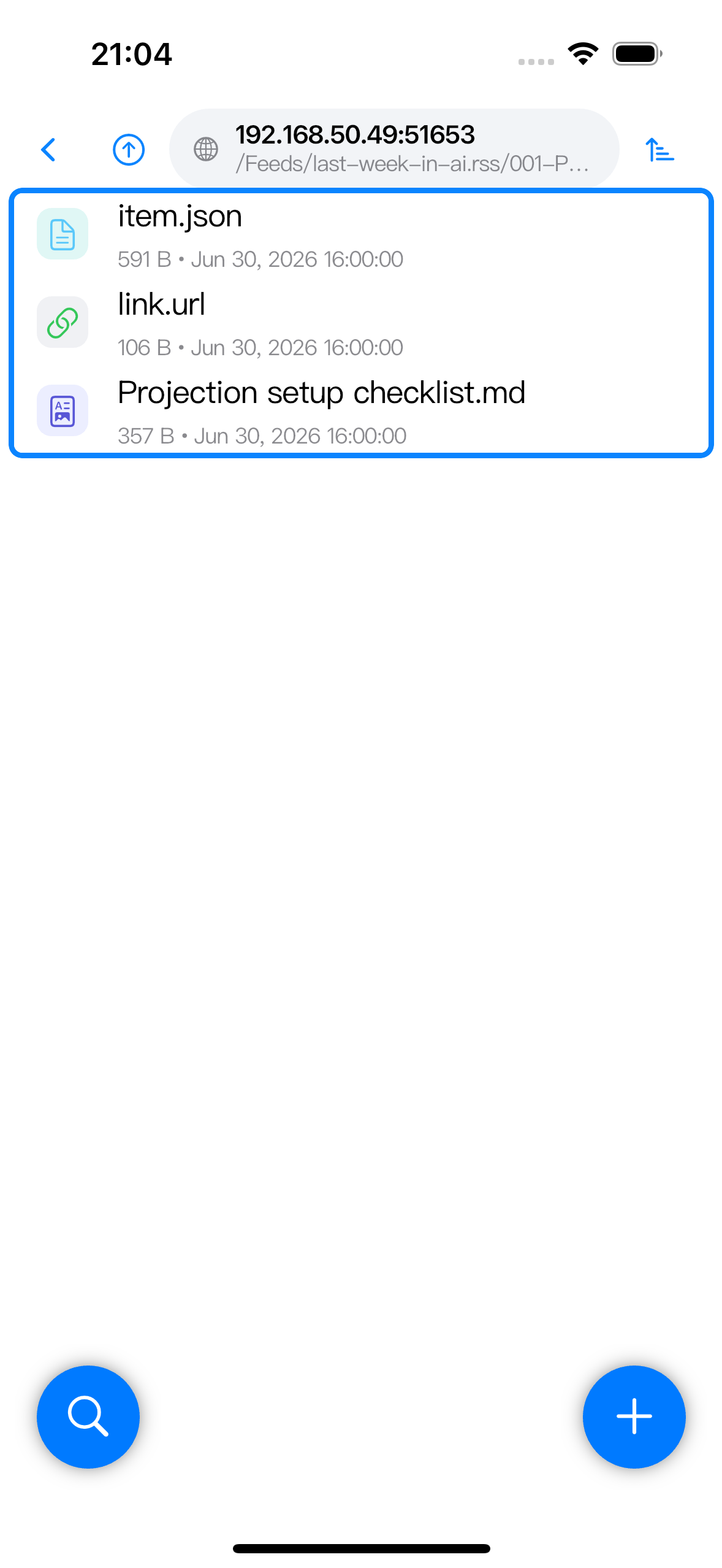 RSS 条目文件夹中包含 item.json、link.url 和 Markdown 摘要。