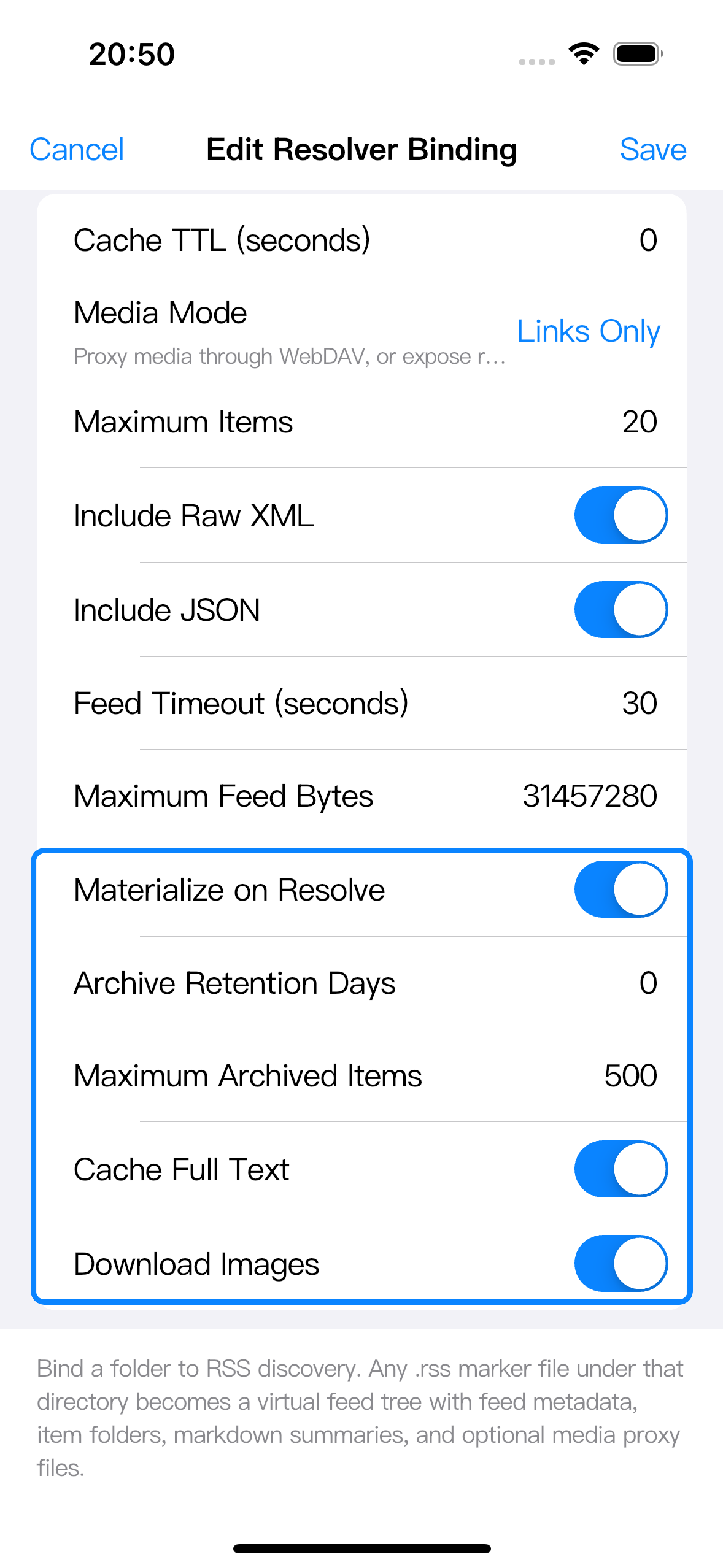RSS Projection 绑定设置中框选 materialize、archive retention、full-text cache 和 image download。
