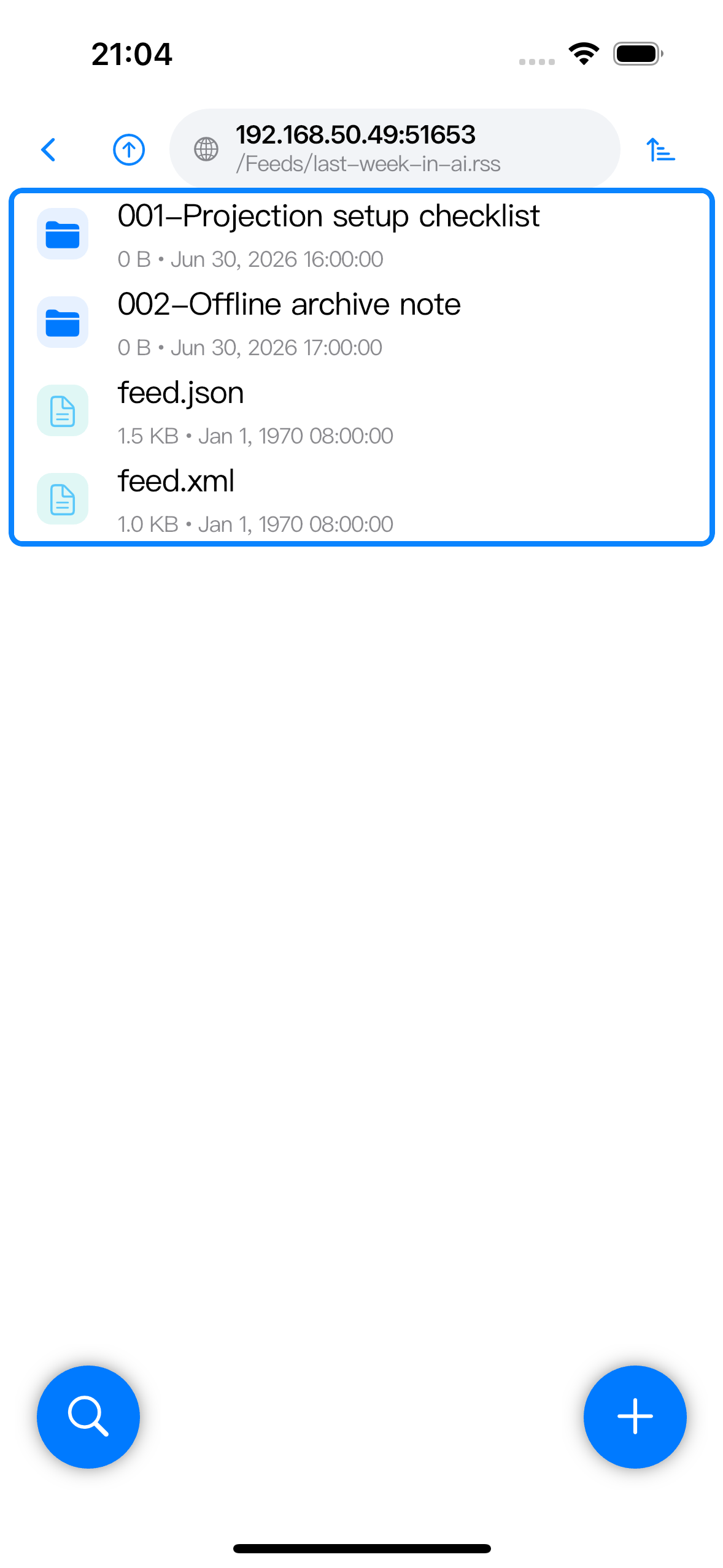 解析后的 .rss 目录，包含 feed item 文件夹、feed.json 和 feed.xml。