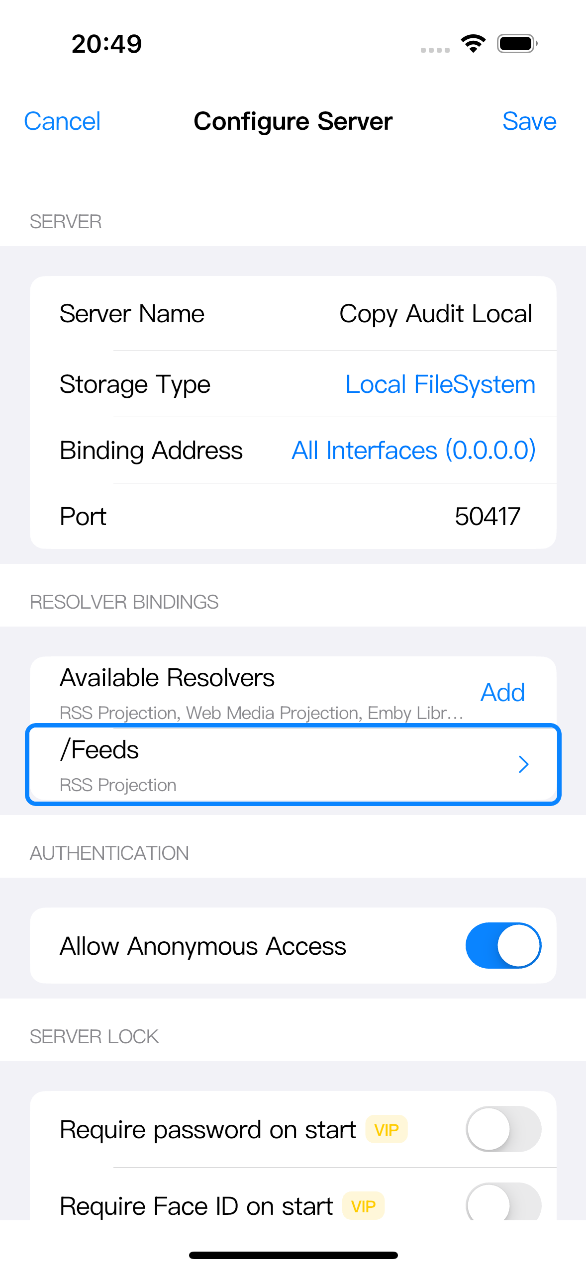 Server 设置中框选 /Feeds 的 RSS Projection 绑定。