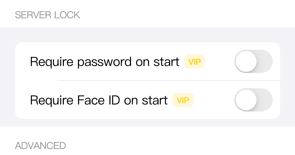 Require password on start and Require Face ID on start are Server Lock controls.