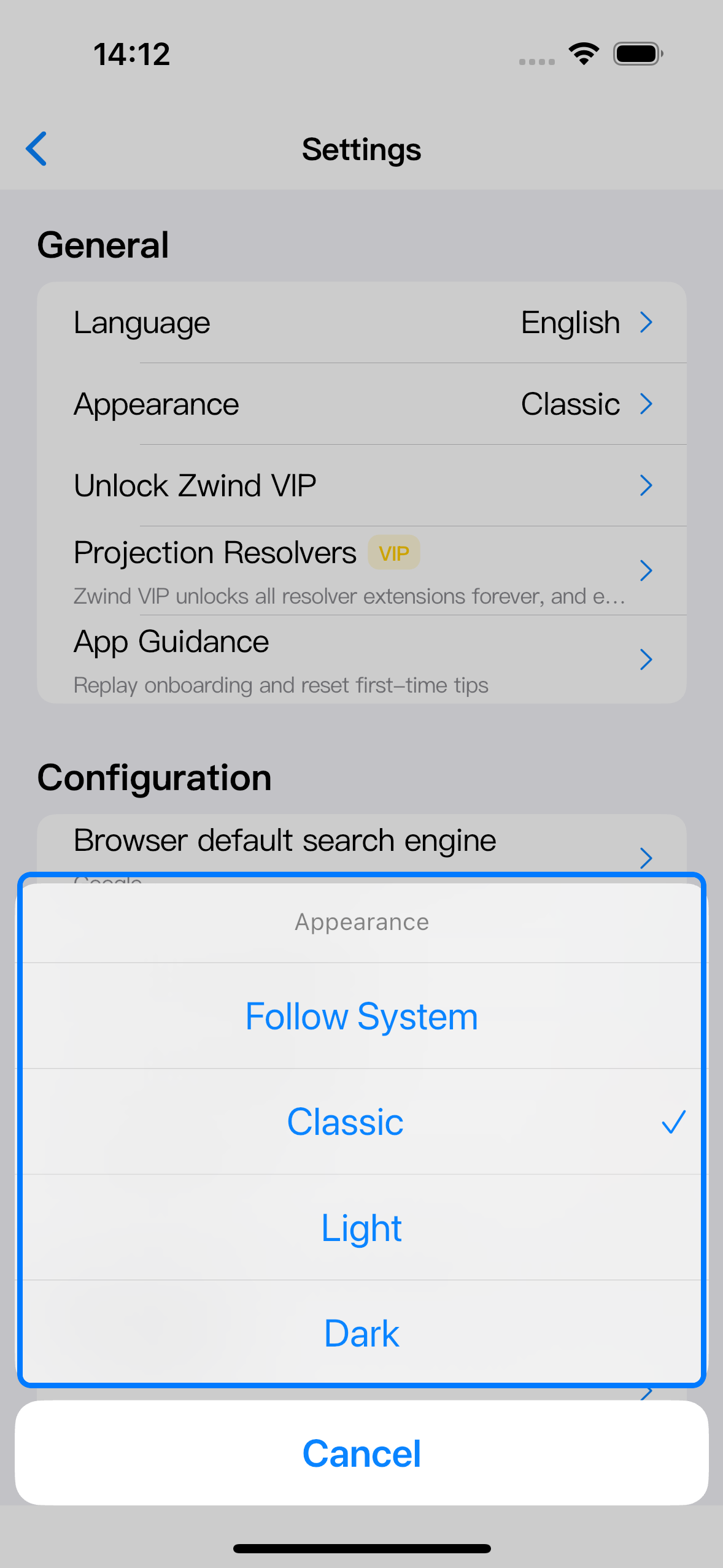 The Appearance sheet shows Follow System, Classic, Light, and Dark.