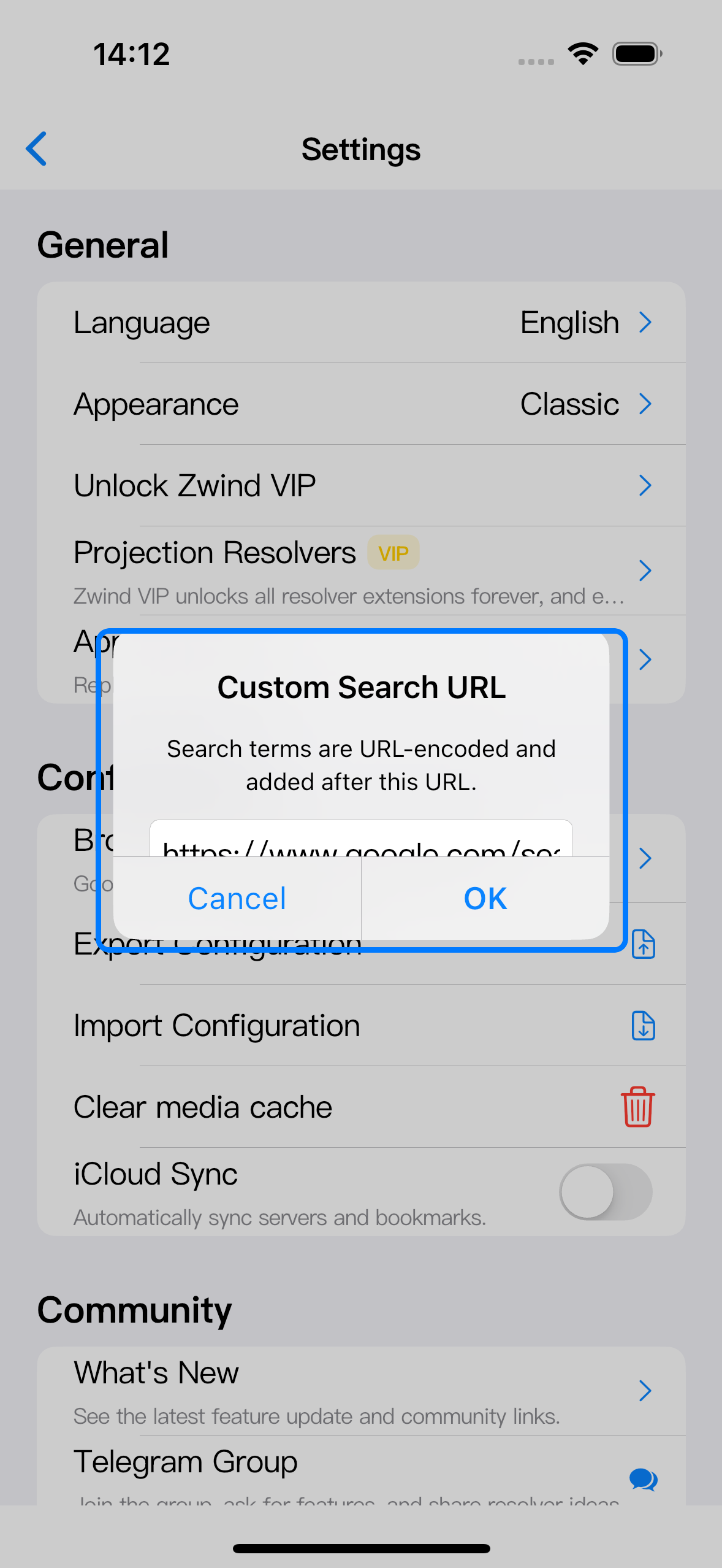 The Custom Search URL dialog explains that search terms are URL-encoded and appended after the entered URL.