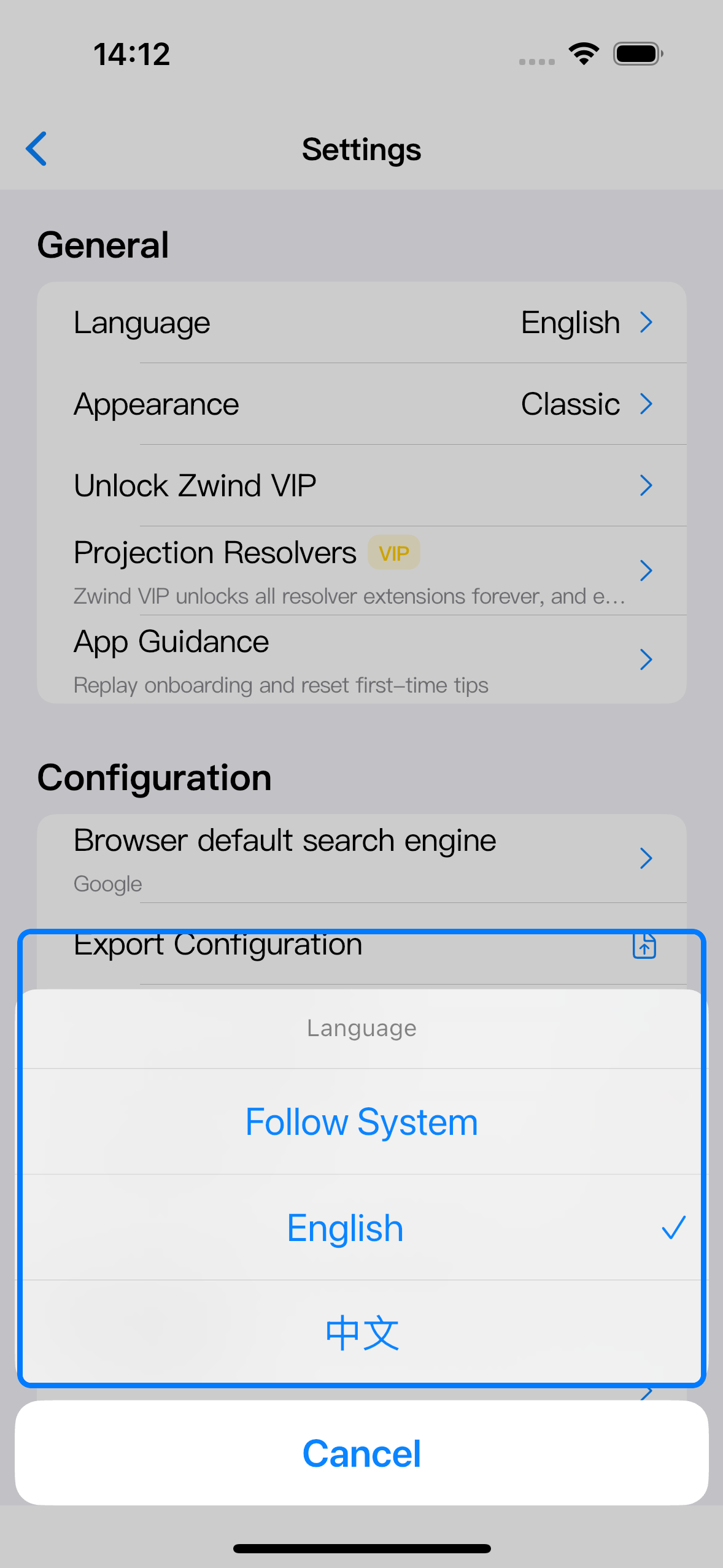 The Language sheet shows Follow System, English, and Chinese, with the current selection checked.