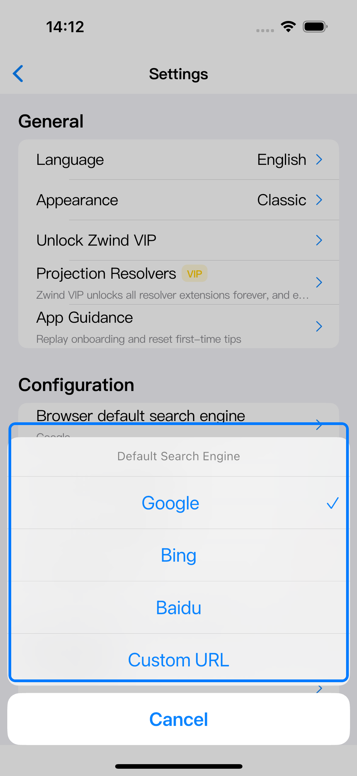 The Default Search Engine sheet shows Google, Bing, Baidu, and Custom URL.