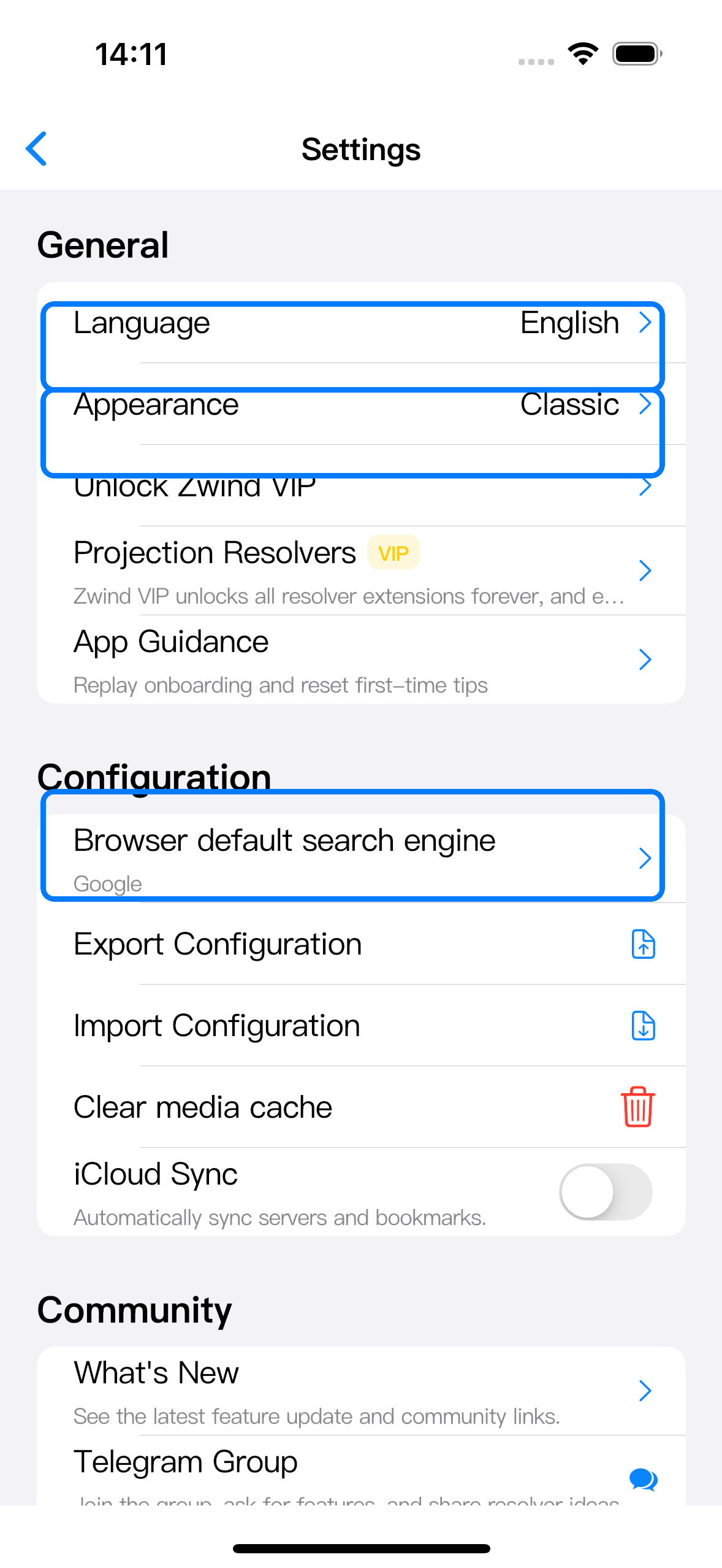 Settings showing the Language, Appearance, and Browser default search engine rows highlighted.