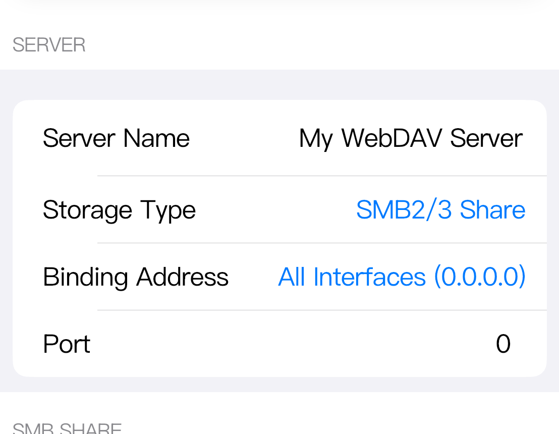 The server configuration uses SMB2/3 Share as the storage type.