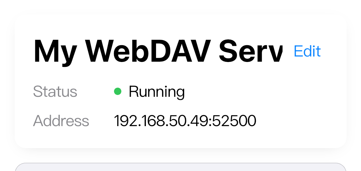 The server is running and the WebDAV address is visible.