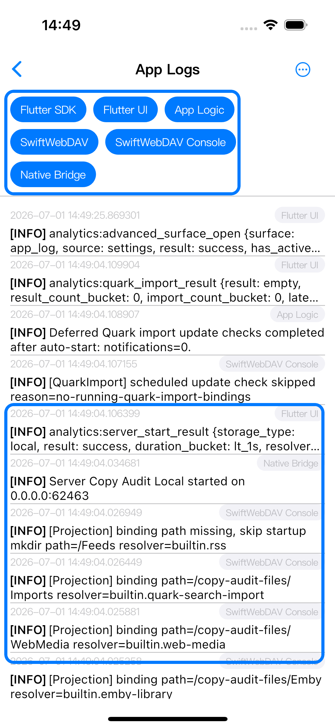App Logs 页面中框选来源筛选和 server/resolver 日志。