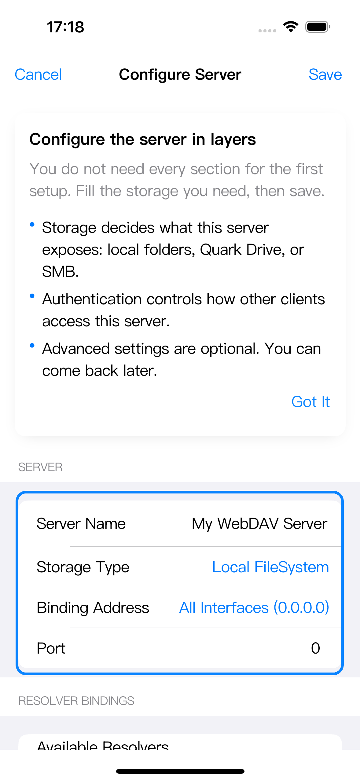 Configure Server screen with Binding Address and Port highlighted.