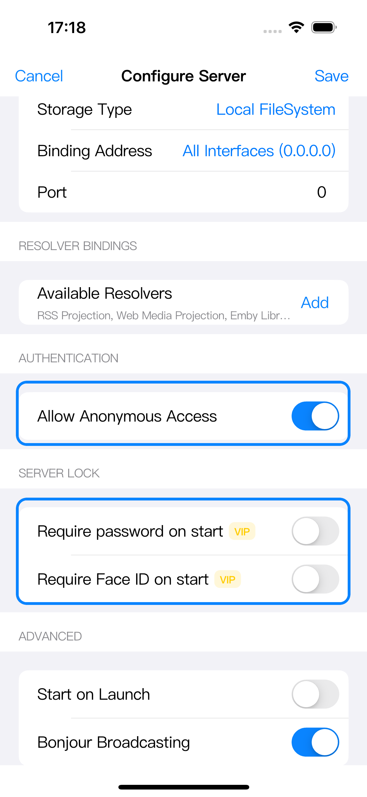 Authentication and Server Lock sections highlighted.