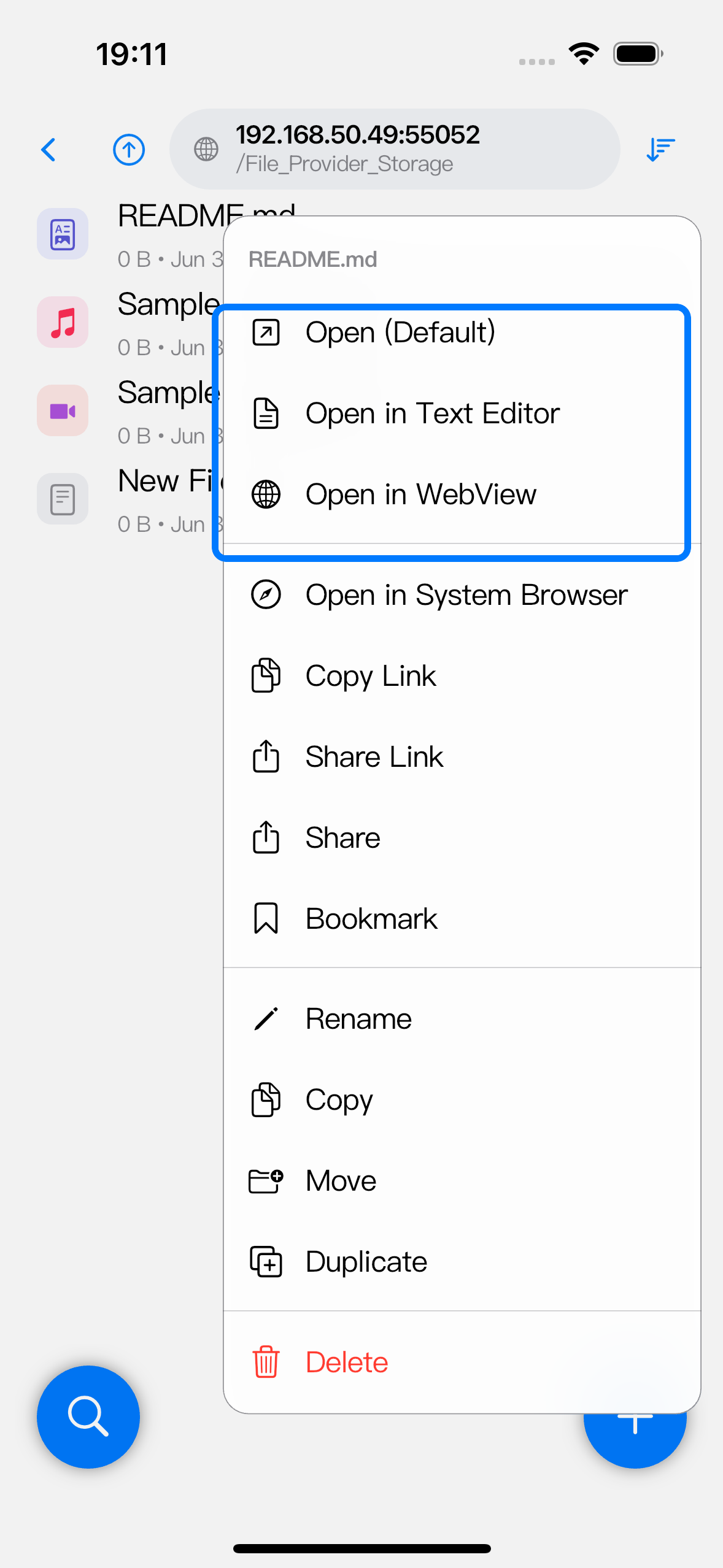 Long-press a Browser file to open the action menu; the highlighted section shows Markdown Preview, Text Editor, and WebView choices.